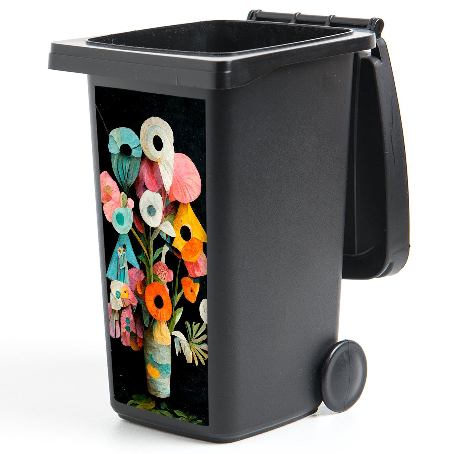 St), MuchoWow - Abfalbehälter Sticker, Blumen Vase - (1 Mülleimer-aufkleber, Blumenstrauß Farben Wandsticker Mülltonne, Container, -