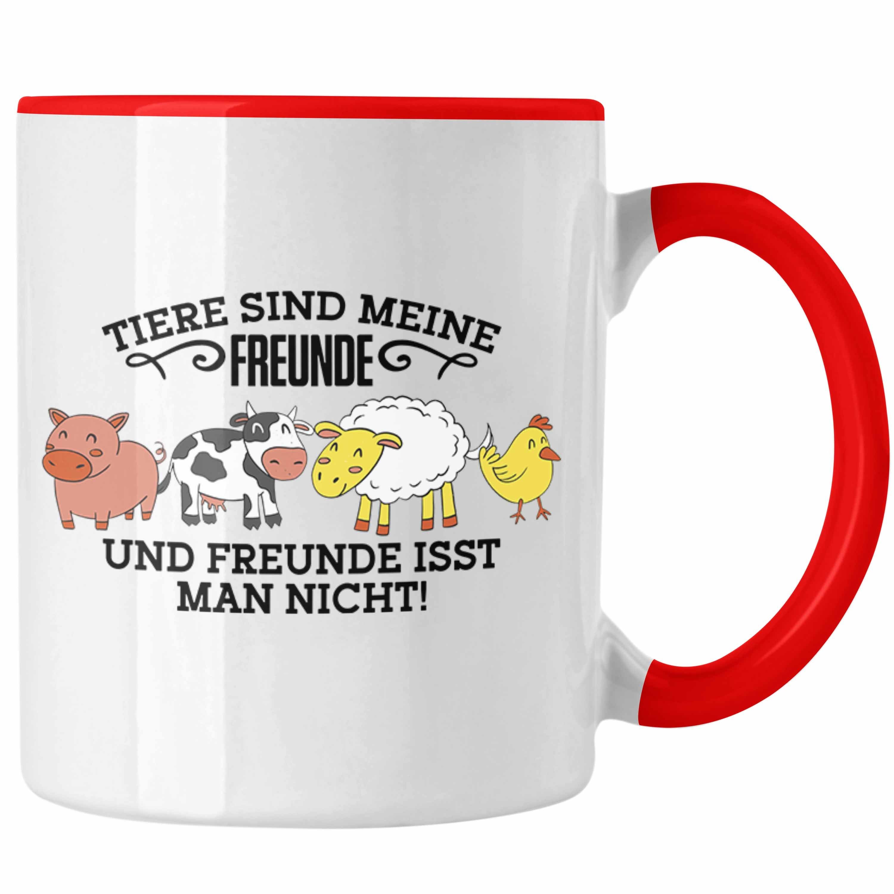 Trendation Tasse Lustige Veganer Tasse - "Tiere sind meine Freunde" Geschenk für Tierli Rot