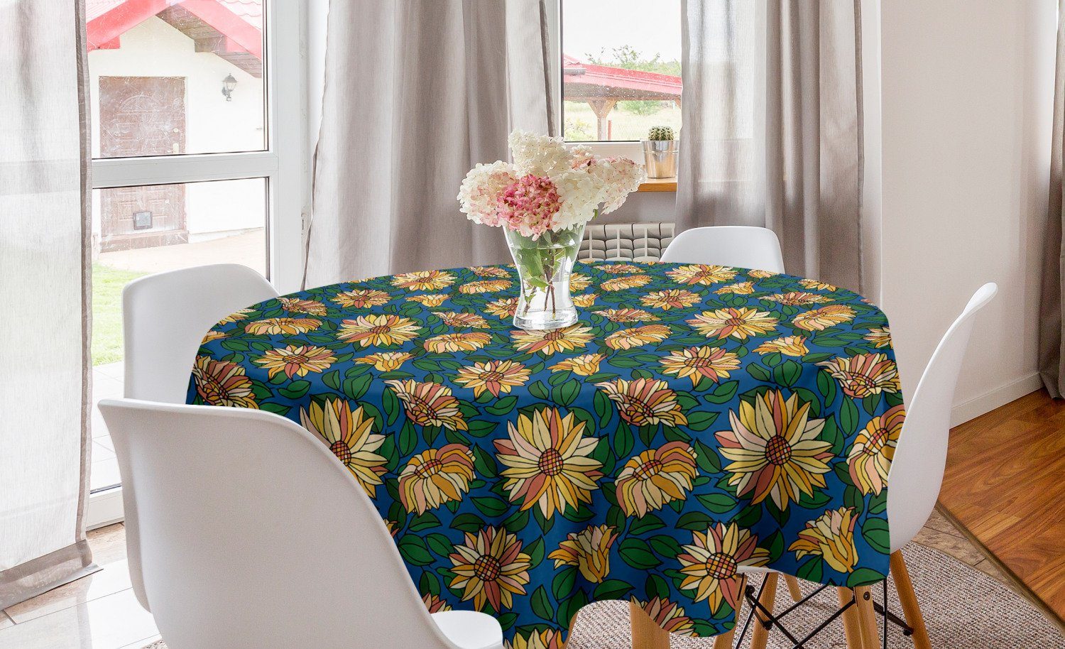 Abakuhaus Tischdecke Kreis Tischdecke Abdeckung für Esszimmer Küche Dekoration, Gerber Daisy Blume Wachstum Blätter