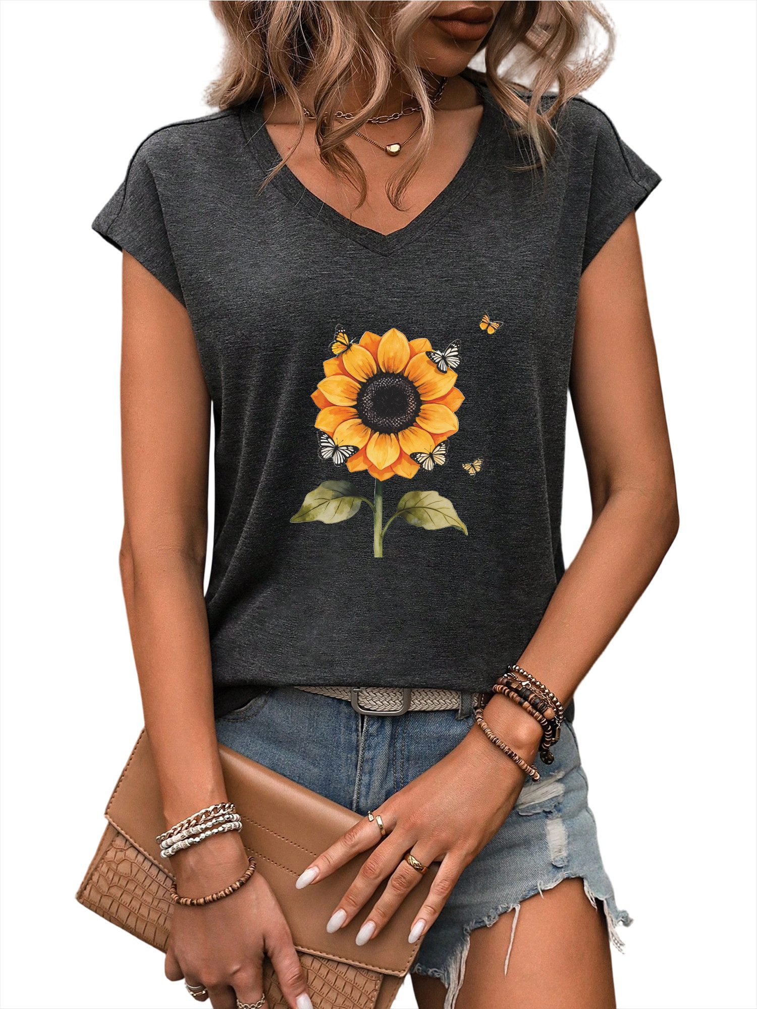 PYLIKE V-Shirt Bequemes Shirt Damen Ärmellos Basic-Shirt mit Sonnenblume Pr günstig online kaufen