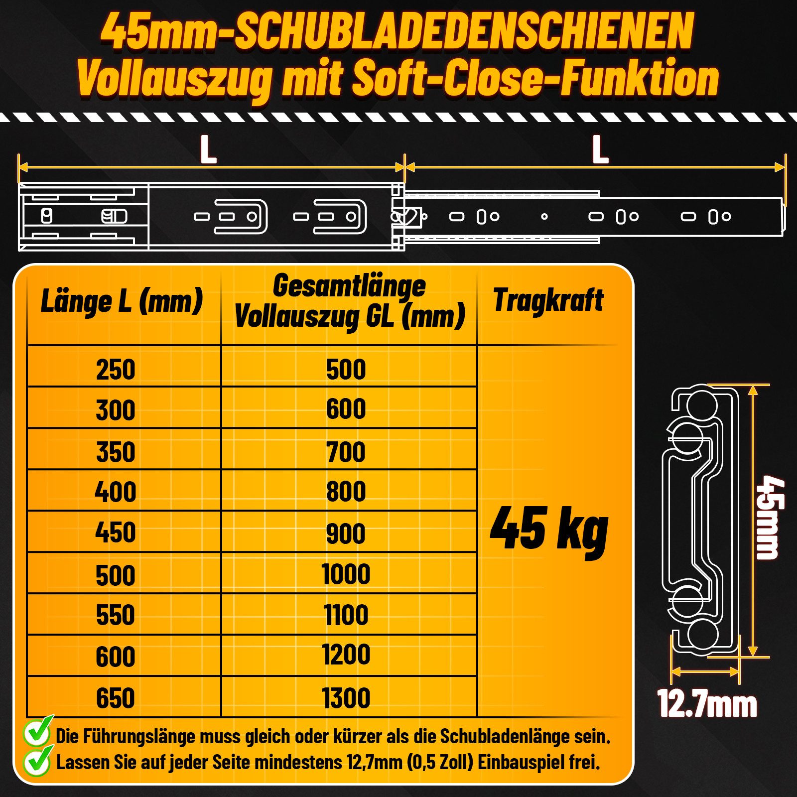 Clanmacy Schubkasten 1-10Paar Schubladenschienen Auszug 45kg Vollauszüge Soft Close (2 St)