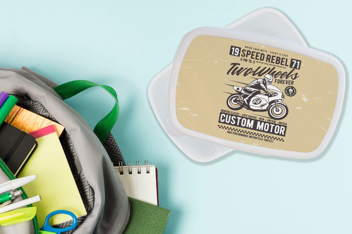 (2-tlg), Jungs Motorrad und Zitat, Lunchbox Mädchen und Zeichnung - für Kinder für - MuchoWow Erwachsene, - Kunststoff, Brotbox Brotdose, weiß Vintage