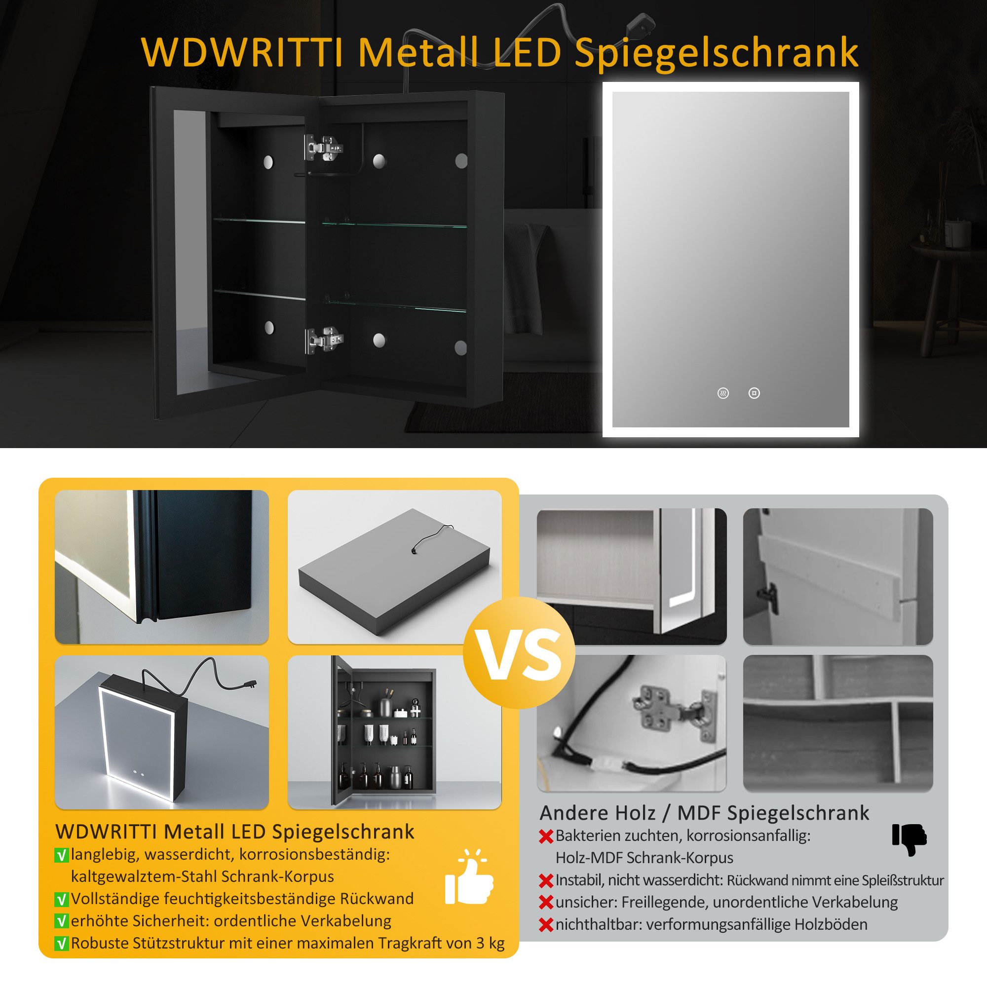 WDWRITTI Spiegelschrank Schwarz mit beleuchtung Hängeschrank 3Lichtfarben Dimmbar Anti-fog (Badezimmerspiegelschrank mit LED, Speicherfunktion, 1 türen 50x70cm, 40x60cm, Doppelseitiger Spiegel, Alu-Schranktür) Full Surround Light Strip, mit Netzadapter