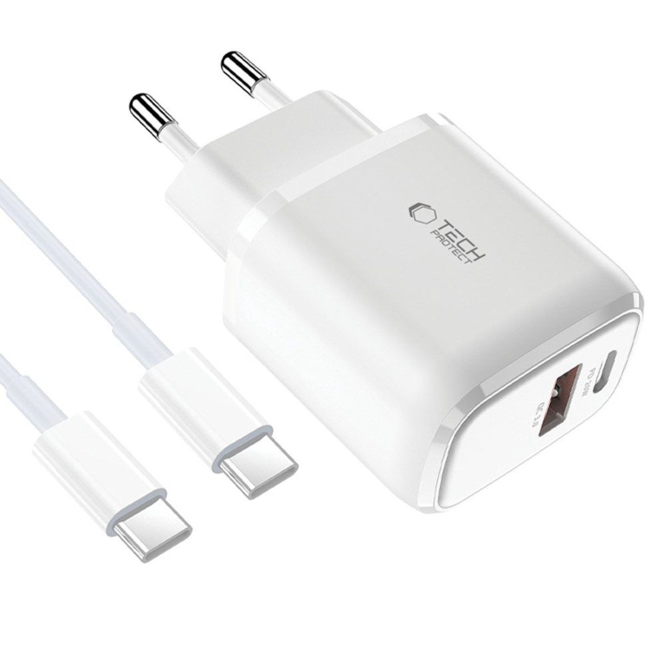 TECH PROTECT C20W USB-Ladegerät (3000 mA, Set, 2-teilig (Ladegerät + Kabel), PD20W & QC3.0 Schnellladegerät mit USB-C-auf-USB-C-Kabel)
