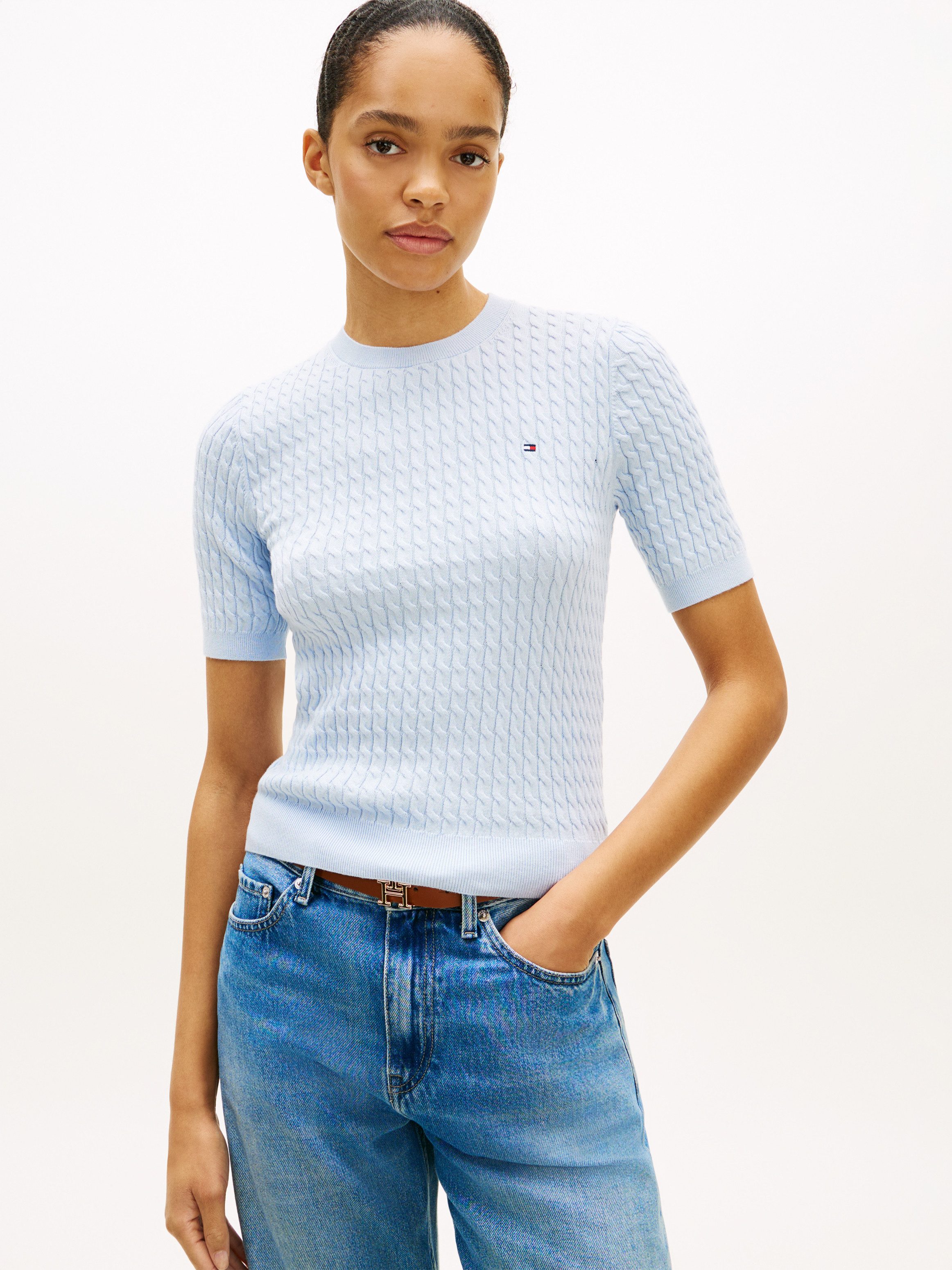 Tommy Hilfiger Kurzarmpullover CO CABLE RWB C-NK SS SWT Baumwolle, mit Zopfmuster
