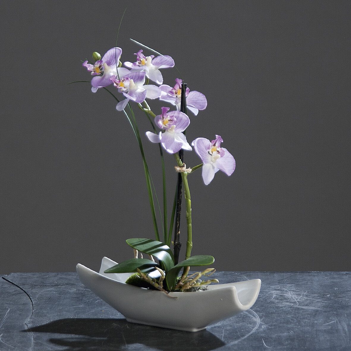 Kunstblume Künstliche Orchidee lavendel 27cm in Keramikschale Kunstblumen