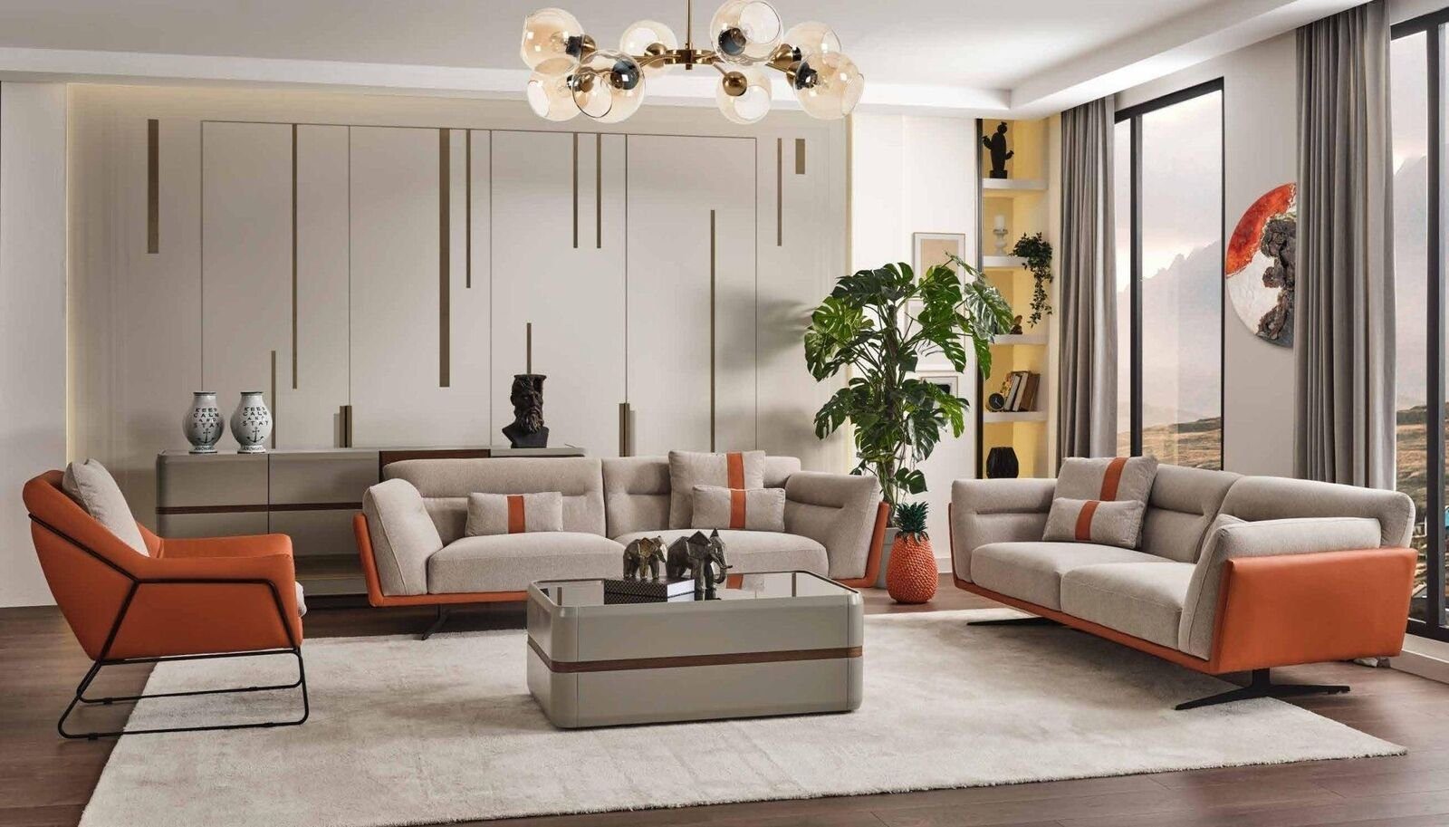 Polstersofa 3 Sitzer Sofagarnitur Stoffsofa, 1x + JVmoebel Komplette (2-St., Couchgarnitur 1x Orange Europa Sessel), Made Sofa in Wohnzimmer-Set
