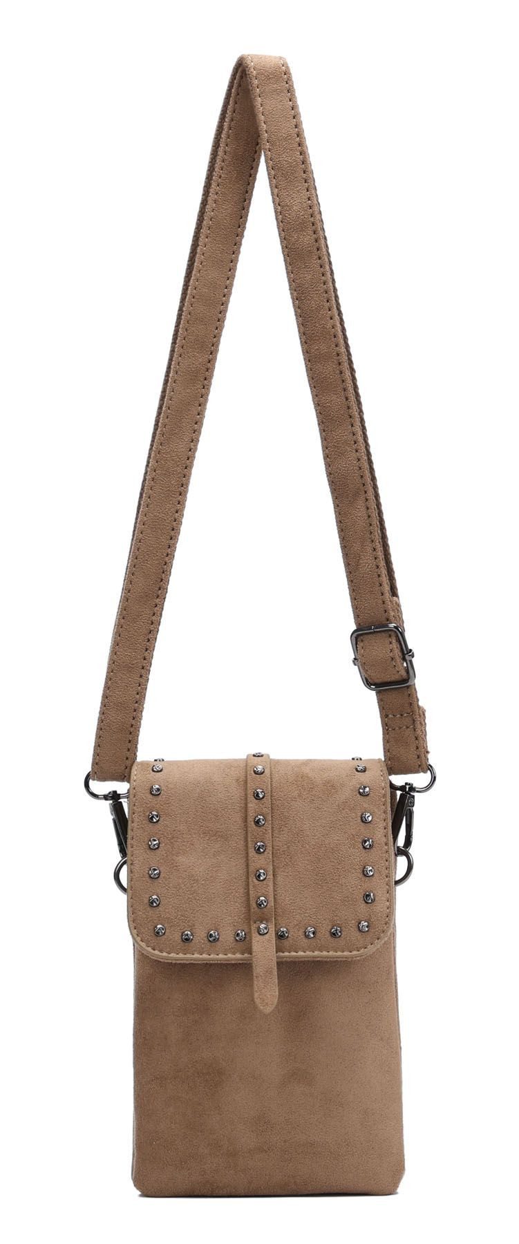 ITALYSHOP24 Umhängetasche Damen Tasche Crossbody Nieten Smartphone Umhängetasche Wildleder-Optik (Spar-Set Clutch-Tasche mit einem breitem Stoffgurt/Umhängeband, Wildleder-Optik), Bodybag Handytasche Freizeit Handtasche Crossover Geldbörse Samt Reise