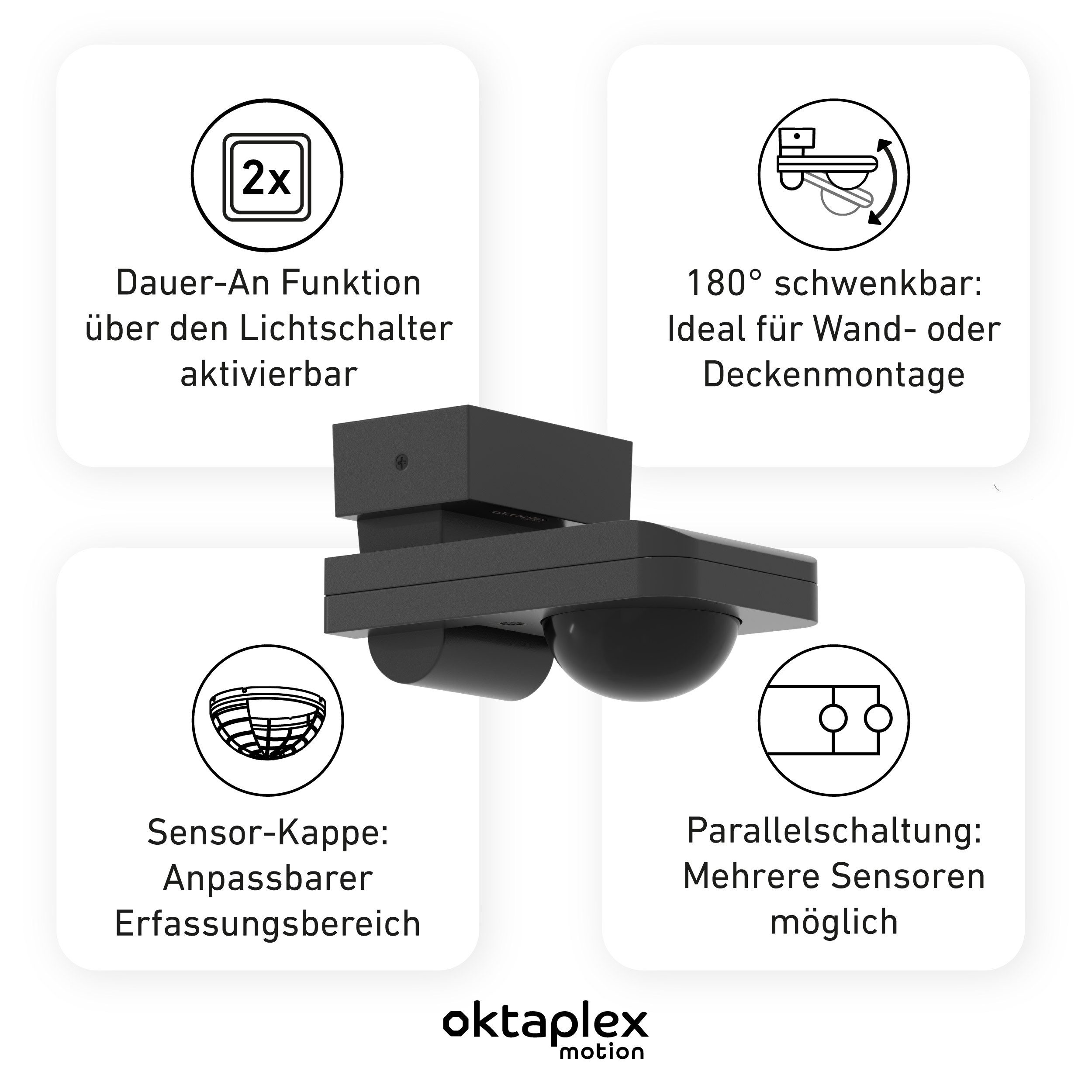 Oktaplex motion Bewegungsmelder Tea Bewegungsmelder Aussen 360 Grad schwenkbar IP65 9m 230V, (1-St), Infrarot Sensor schwenkbar anthrazit