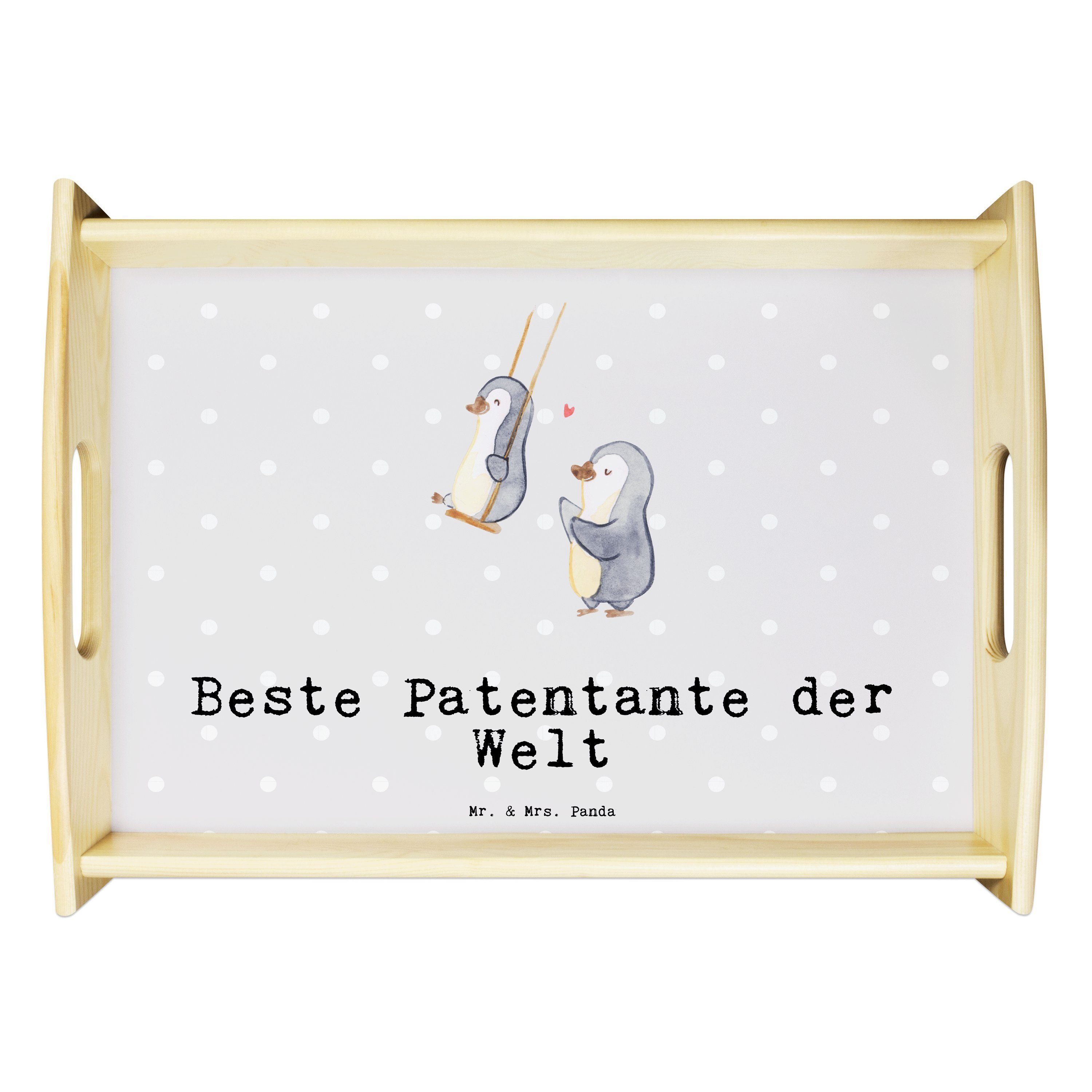 Mr. & Mrs. Panda Tablett Pinguin Beste Patentante der Welt - Grau Pastell - Geschenk, Frühstüc, Echtholz lasiert, (1-tlg)