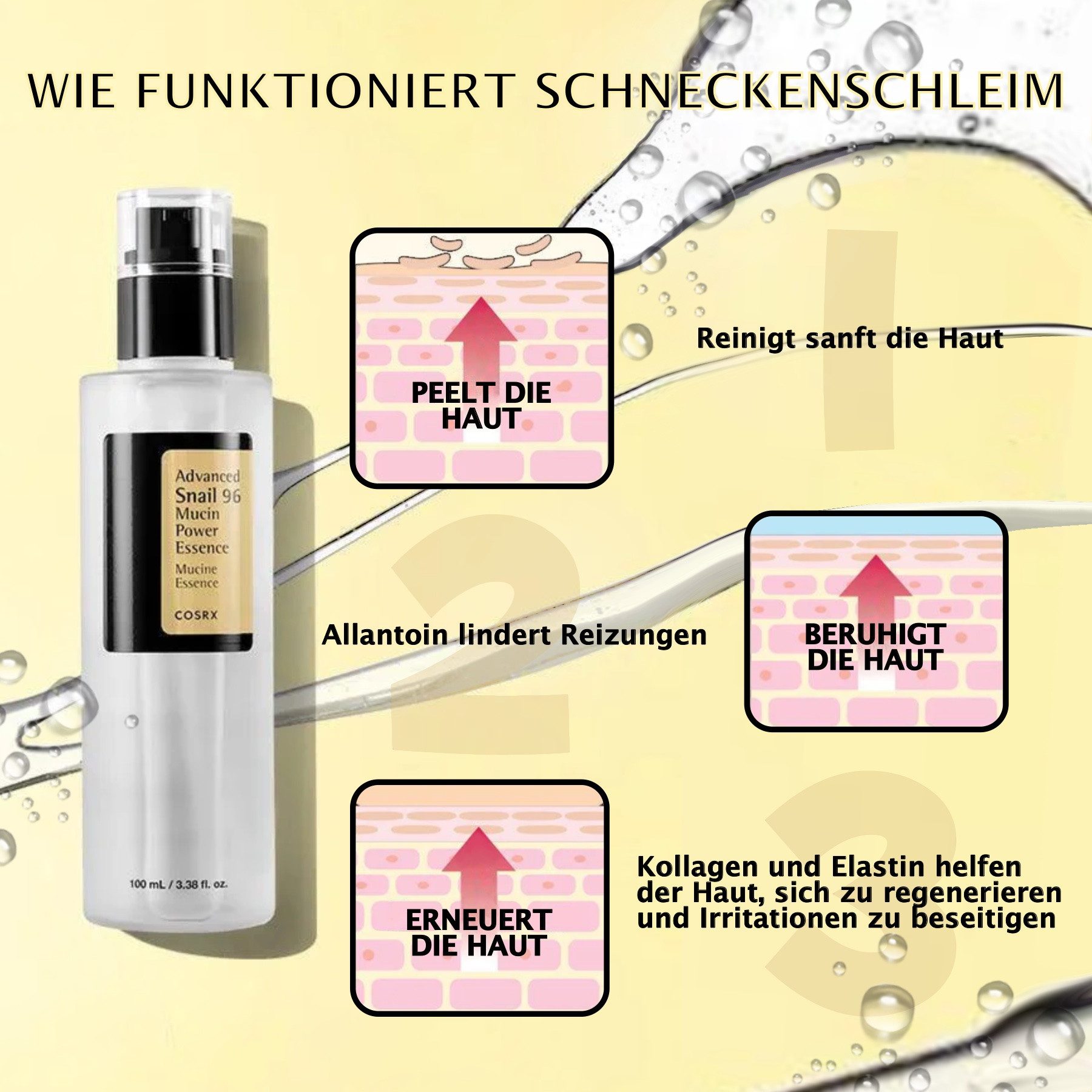 Cosrx Gesichtsserum Anti-Aging Schneckenschleim Hyaluron Advanced Snail 96 Mucin Essence, 1-tlg., Feuchtigkeitscreme, Rötung, Straffung
