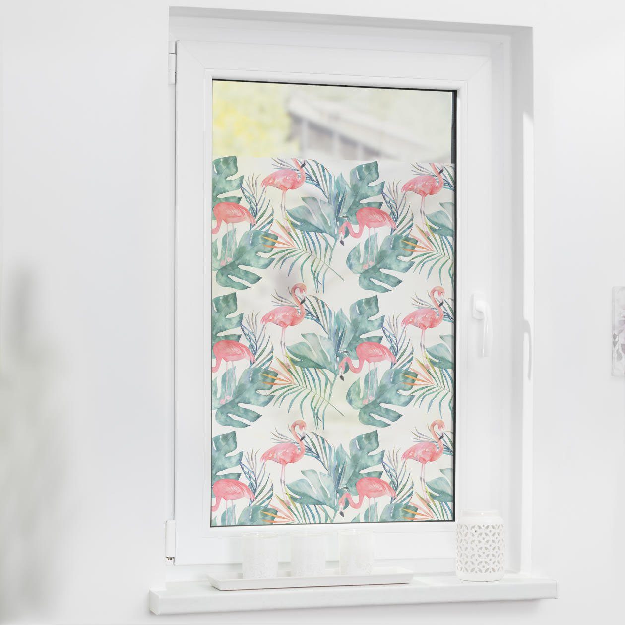 LICHTBLICK ORIGINAL Fensterfolie Fensterfolie selbstklebend, Sichtschutz, Flamingo - Rosa Grün, blickdicht, glatt