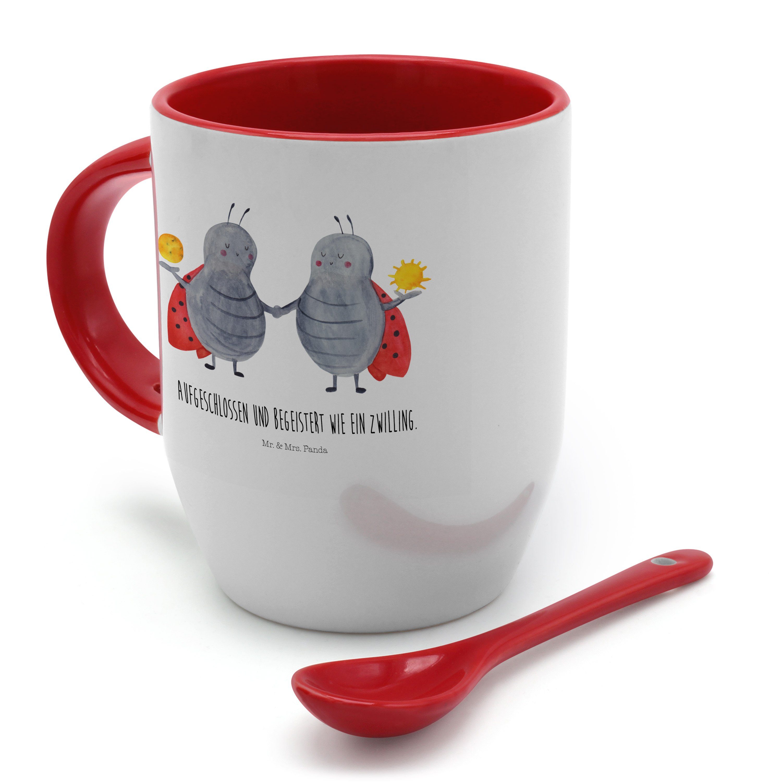Mr. & - Tasse Geschenk, Weiß Sternzeichen - mit Keramik Zwilling Panda Löffel, Mrs. Glückskäfe, Tasse