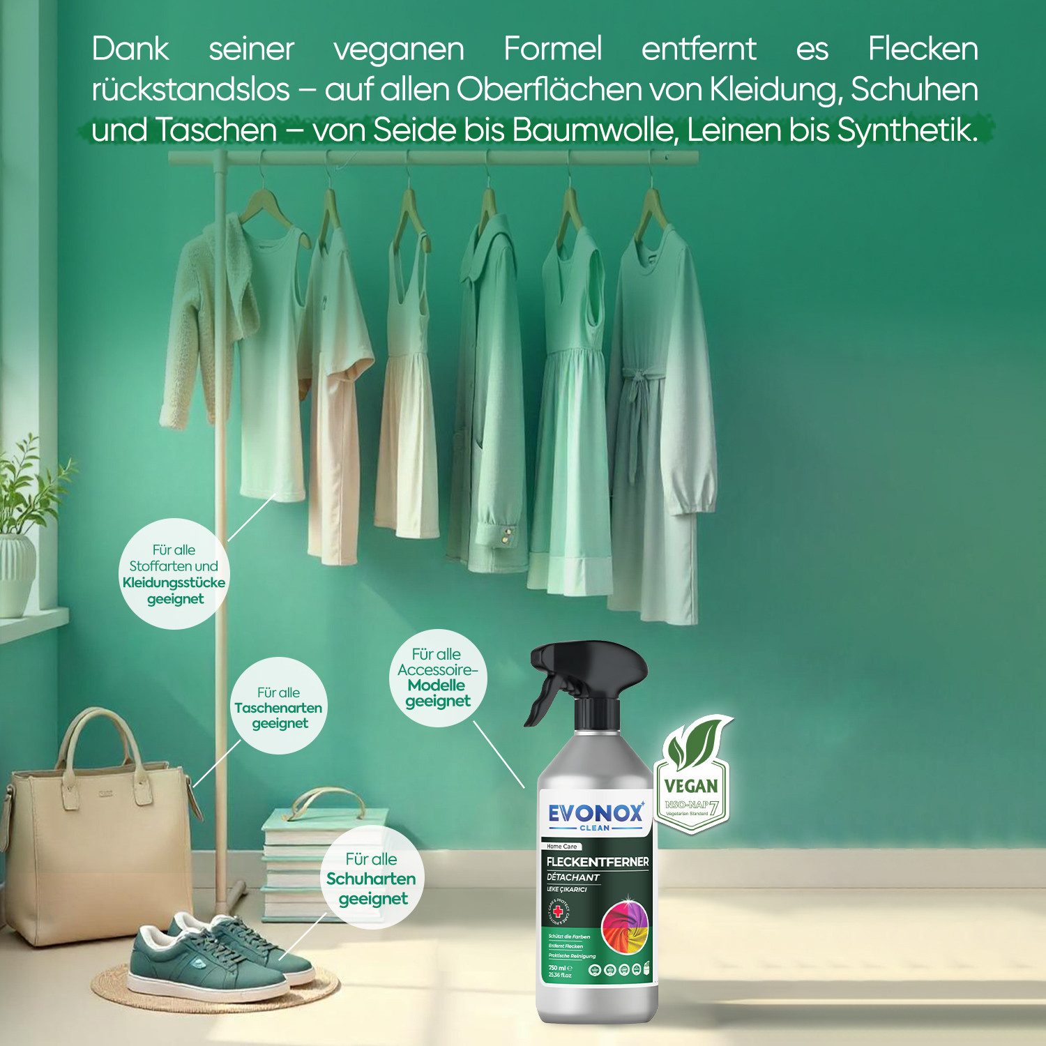 EVONOX Ultra Fleckenentferner 750 ml – Kraftvolle Reinigung, Set 1–3 Fleckentferner (1-St. Praktische Reinigung für Teppiche, Polster, Kleidung, Küche & Bad)