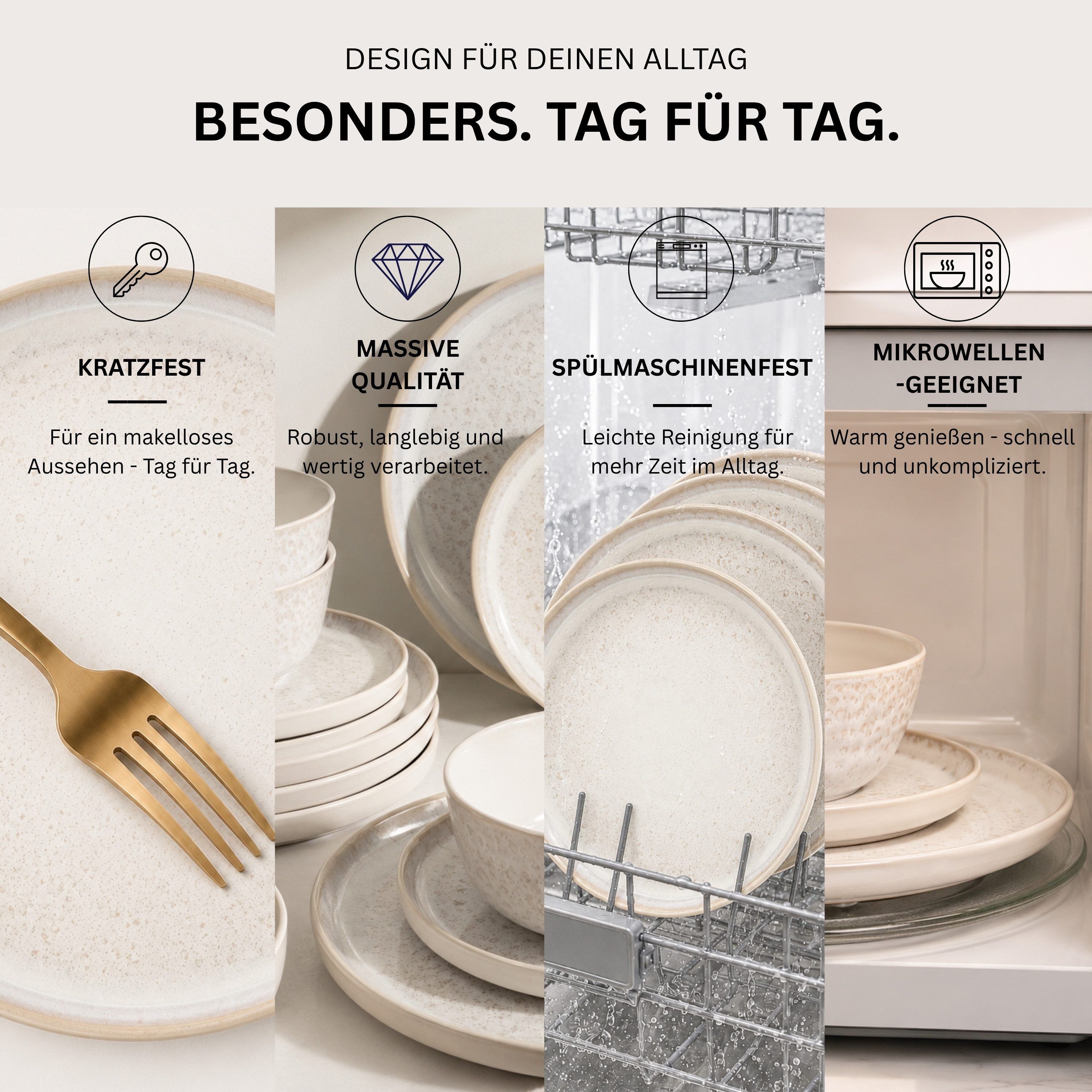 SÄNGER Tafelservice Key West, Creme mit sandiger Maserung (24-tlg), 6 Personen, Steingut, VALUE COLLECTION
