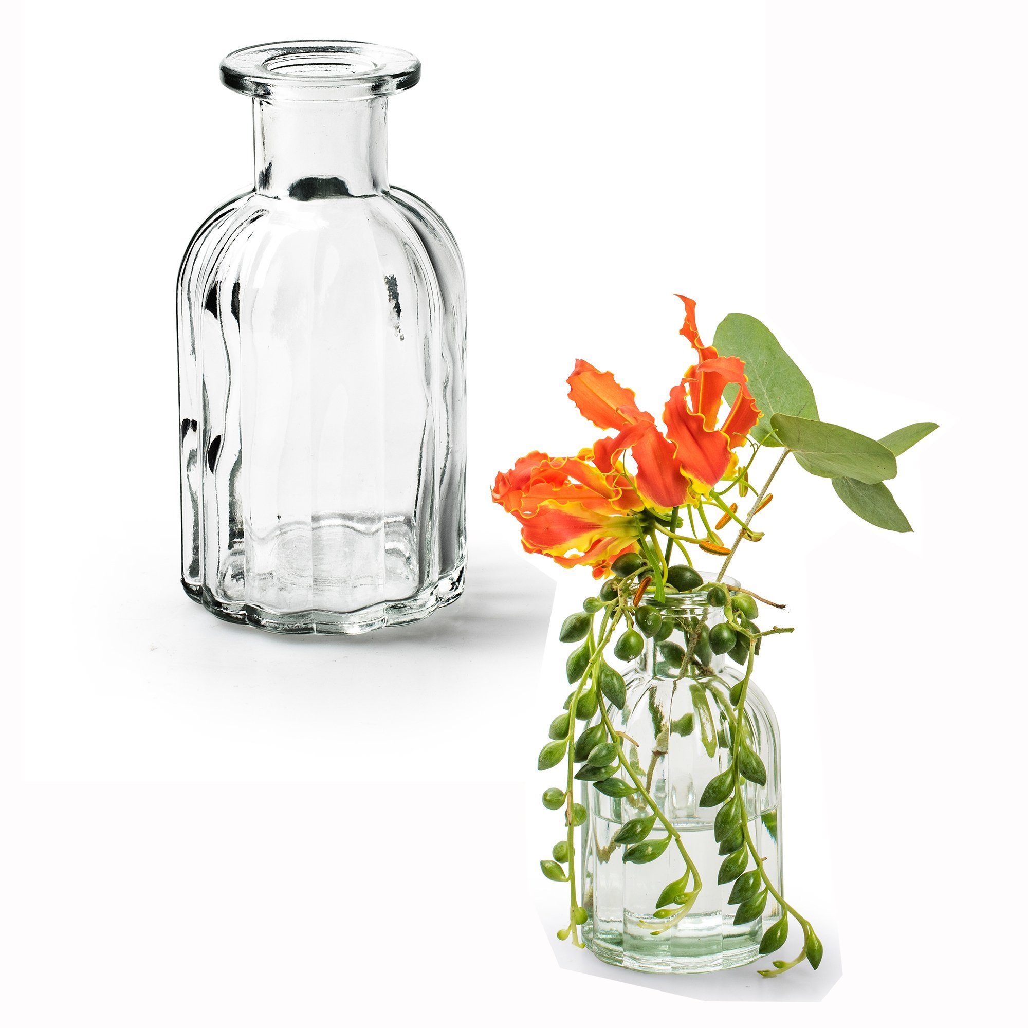 Annastore Dekovase 6 x Vasen aus Glas in geriffelter Optik Glasvasen Vintage Blumenvasen (H 10,5 cm Ø 5,5 cm), Dekoflaschen, Glasflaschen