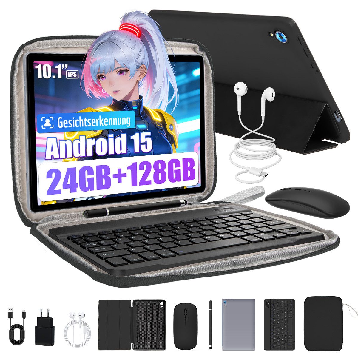 BUFO 10 Zoll Android 15, 4GB RAM 128 GB, mit Tastatur Maus Stift hülle Tablet (10", 128 GB, Android 15, mit AF und Blitz, zwei 1W-Lautsprecher + zwei Mikrofone)
