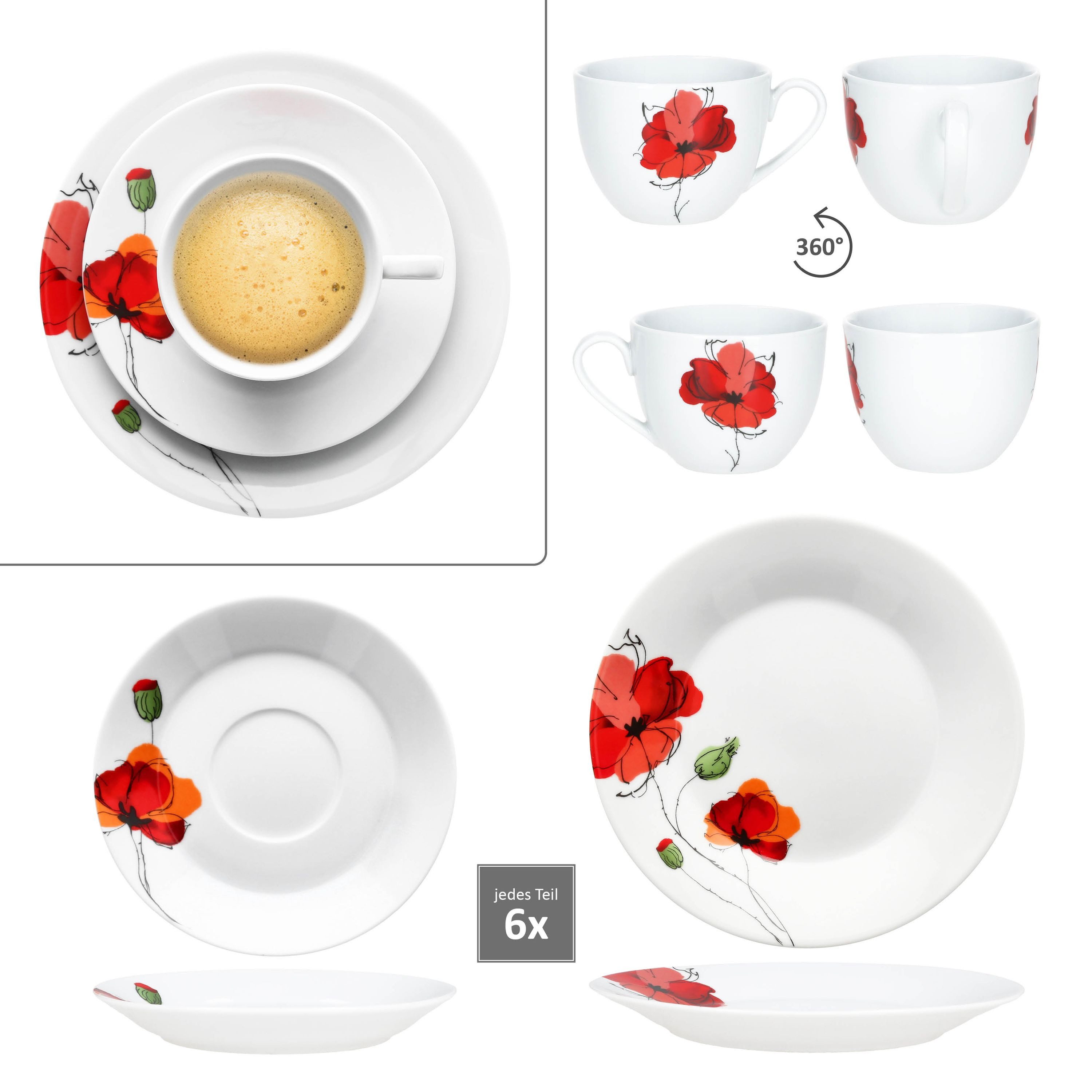 MamboCat Kaffeeservice MamboCat Mona 18tlg Kaffeeservice Mohnblüten Tasse Untertasse Teller, Porzellan – Bild 5 von 5
