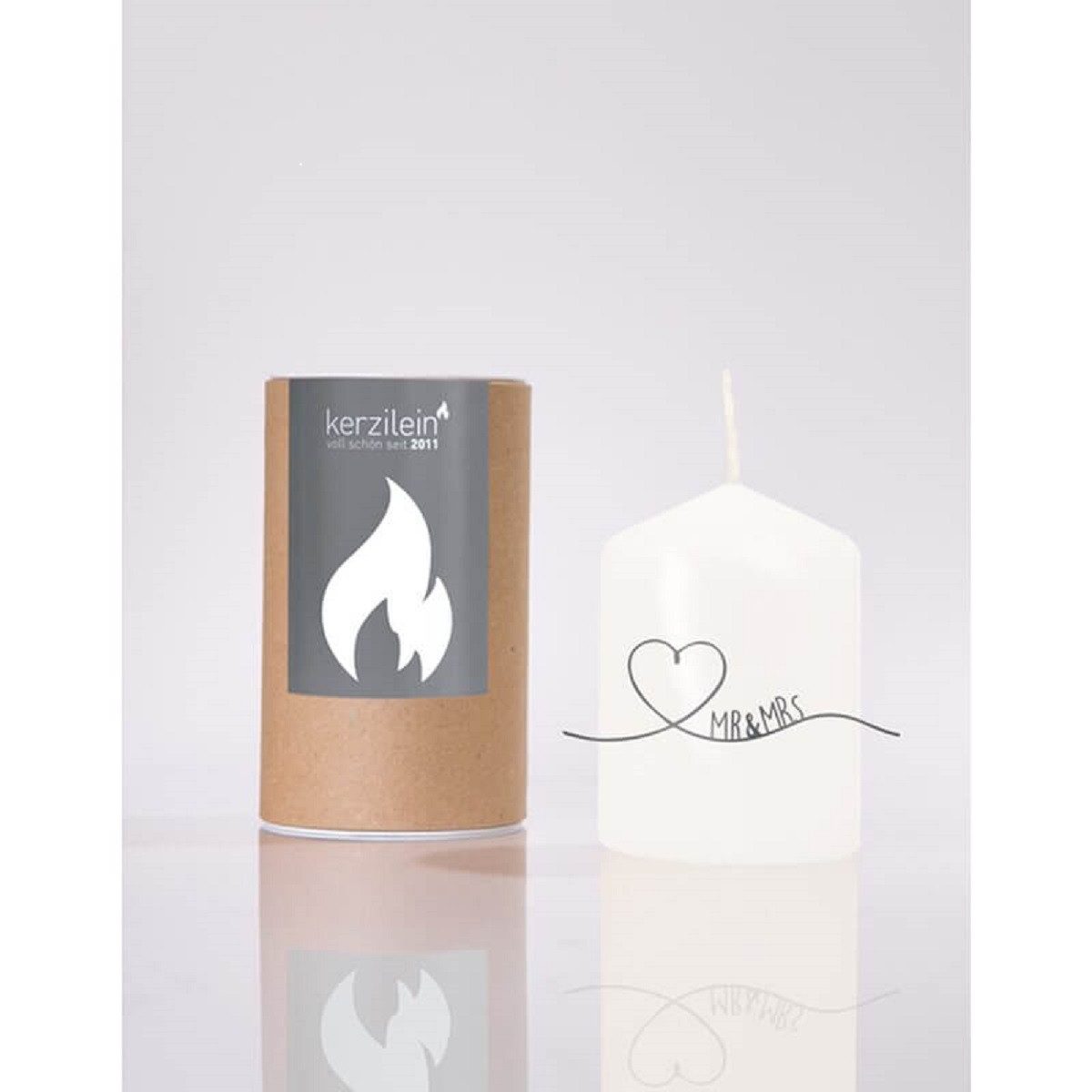 MEA LIVING Stumpenkerze Kerze Flämmchen weiß grau Herz "MR & MRS" Stumpen Kerze klein Hochzeit