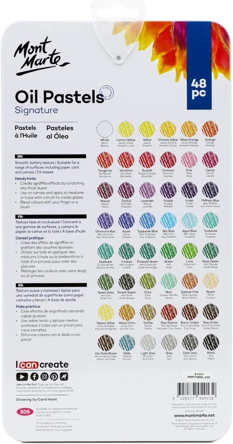 Mont Marte Pastellkreide Ölpastellkreide Set – 36 / 48 Stück – Weiche Ölkreide, Intensive Farben, hohe Pigmentierung –Ideal für Malerei & Zeichnungen