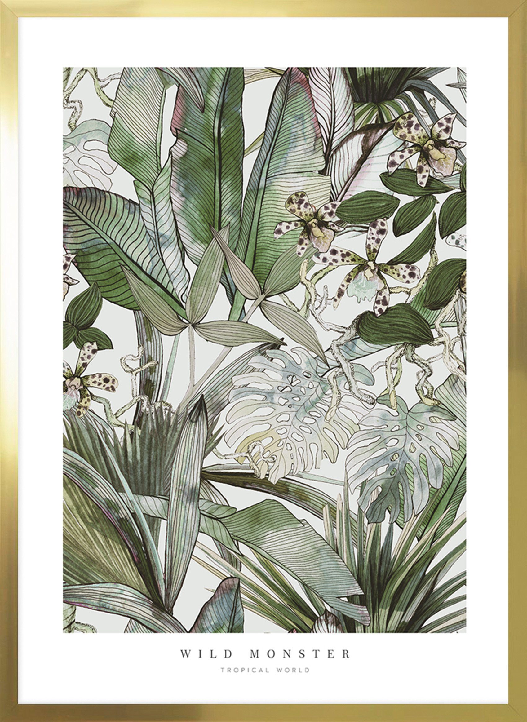 (1 Rahmen, cm Kunstdruck Blattwerk 60x90 - Bild Glas gold Ideas ohne Home beschichtet Bild | Dschungel Rahmen mit Palmen grün Cosy Wandbild Stück), mit Blumen