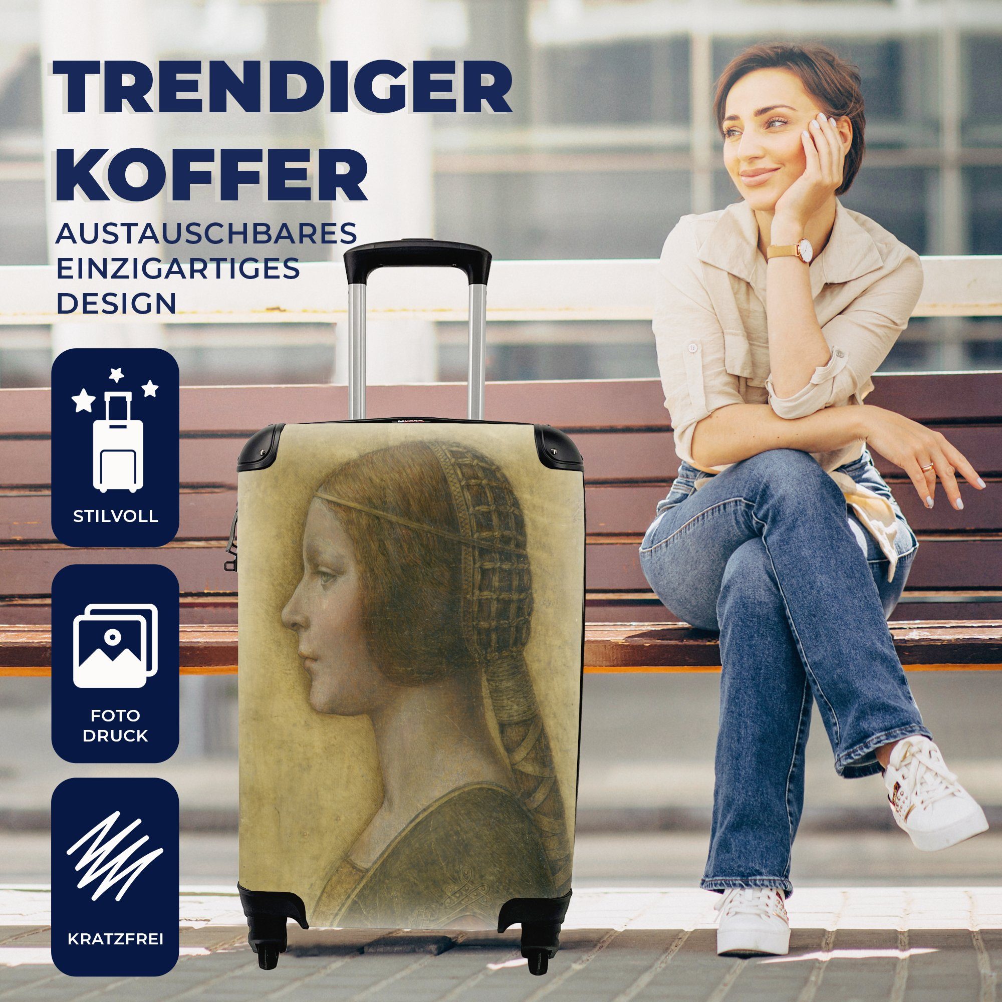 MuchoWow Handgepäckkoffer La Rollen, da rollen, Reisetasche Principessa für Vinci, Ferien, - 4 Handgepäck Reisekoffer Bella Trolley, Leonardo mit