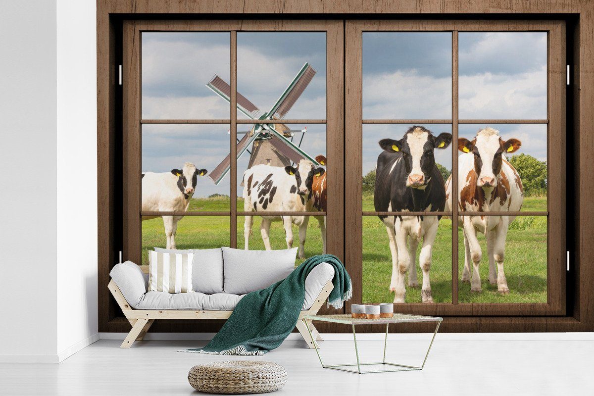 MuchoWow Fototapete Ansicht - Mühle - Kuh, Matt, bedruckt, (6 St), Wallpaper für Wohnzimmer, Schlafzimmer, Kinderzimmer, Vinyl Tapete