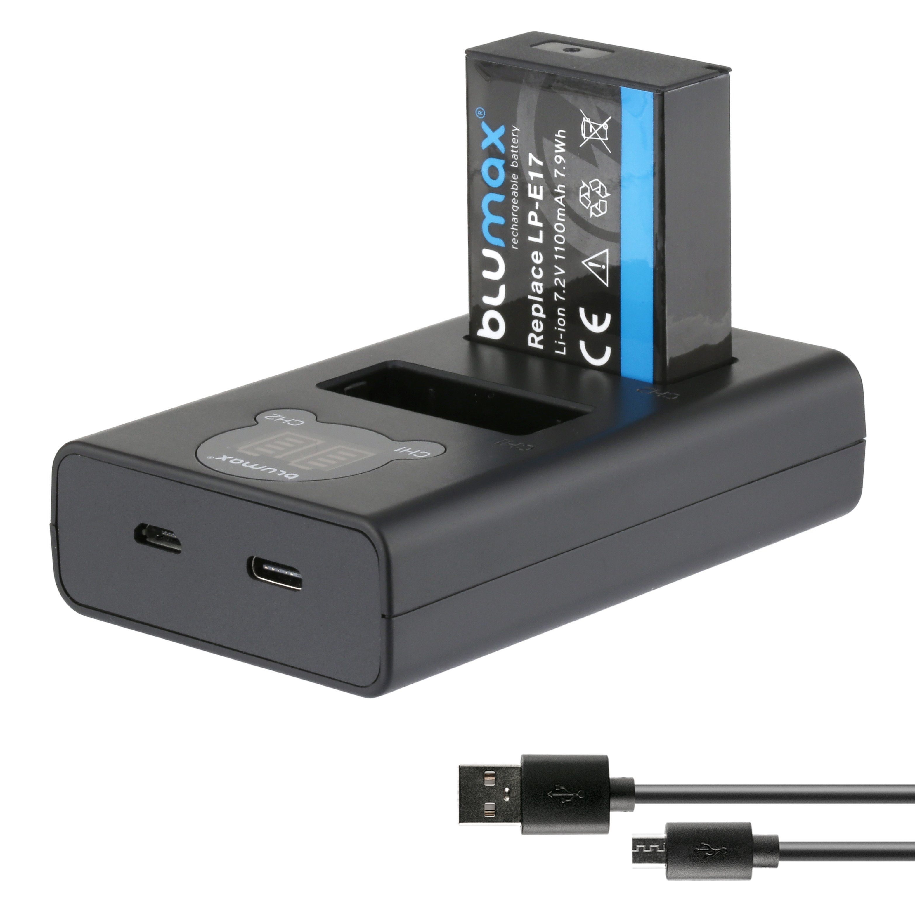 Blumax Akku + Lader für Canon LP-E17 R8 R10 R50 1000 mAh Verkehrsalarm