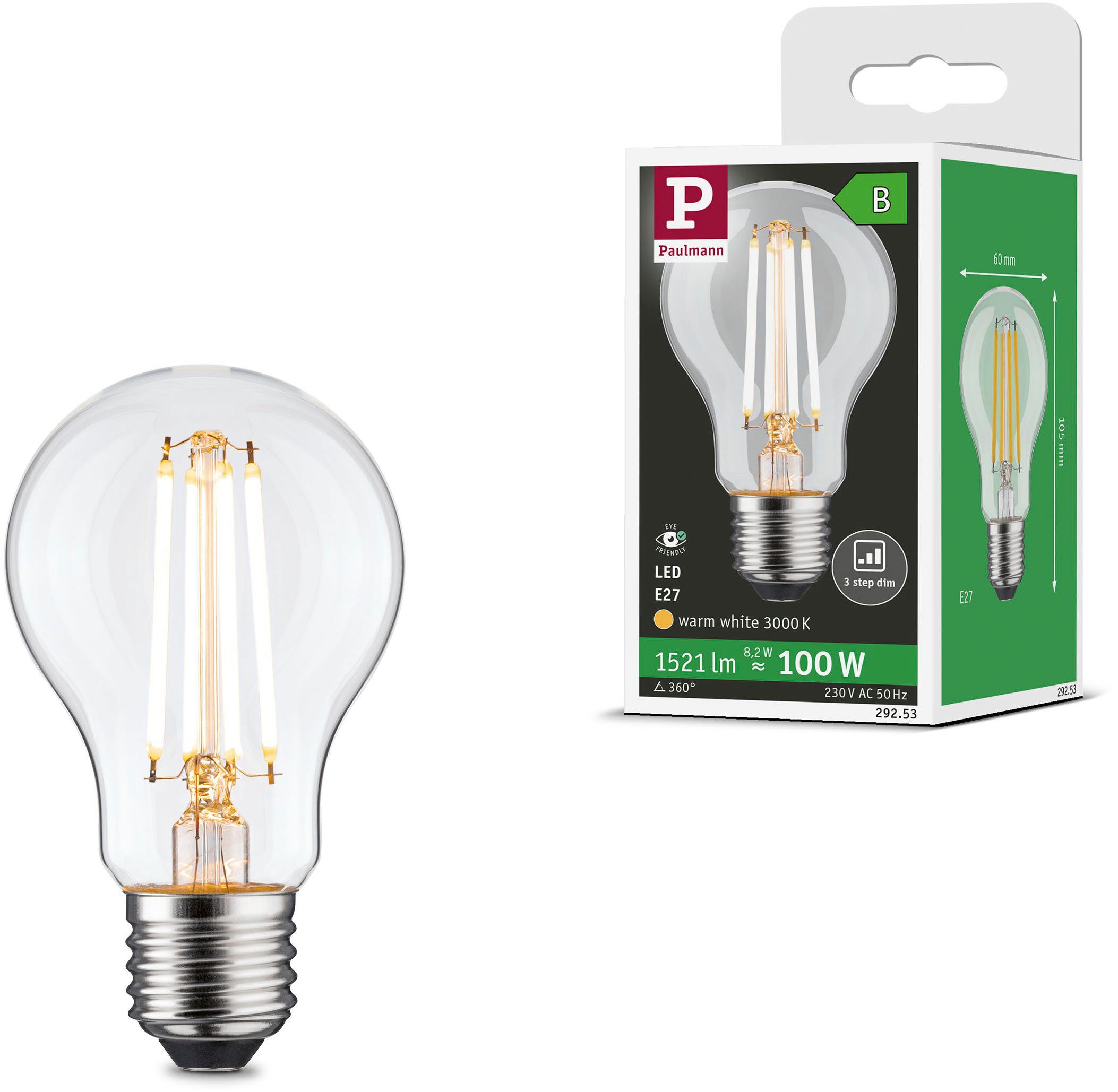 Paulmann LED-Leuchtmittel Eco-Line Filament 230V LED Birne E27 1521lm 8,2W 3000K dimmbar Klar, E27, 1 St., Warmweiß