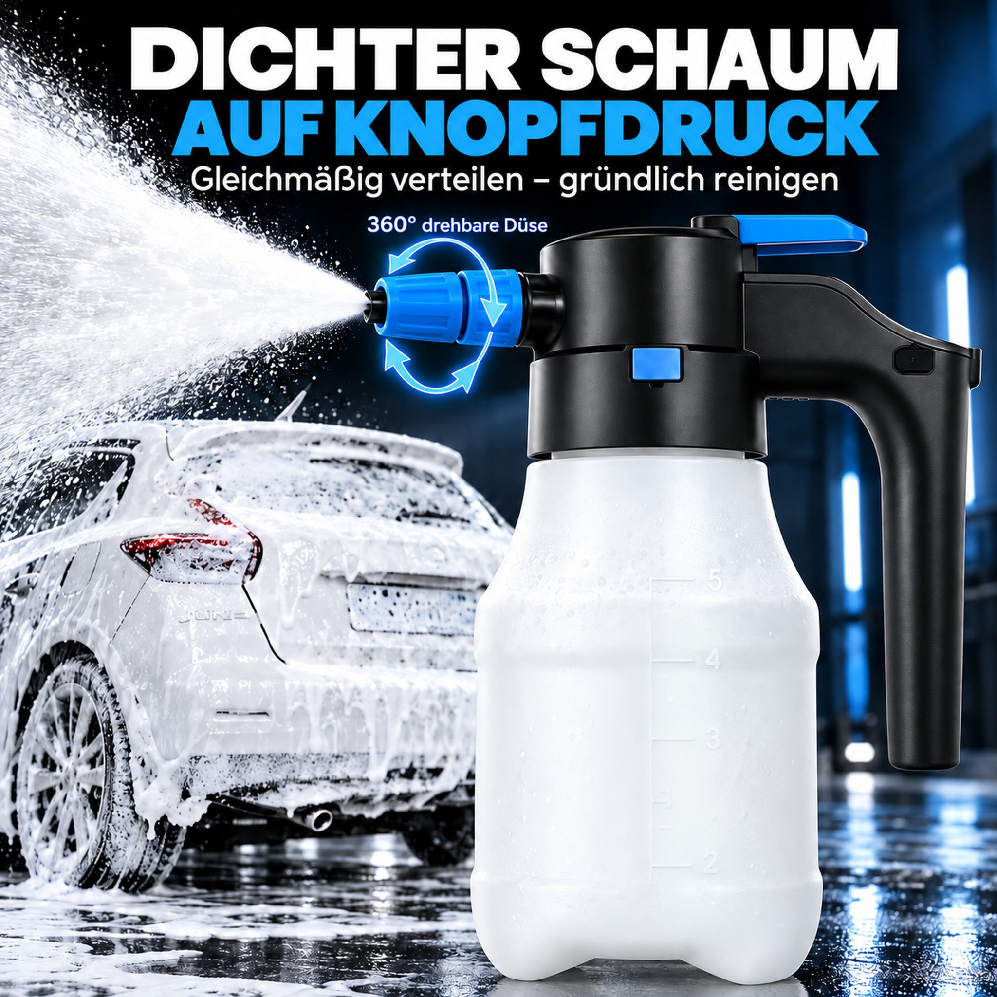 HS.SUPPLY Akku-Drucksprühgerät elektrischer Foam Sprayer, elektrischer Schaumsprüher, Auto Detailing, Mit Überdruckventil, Füllstandsanzeige & verstellbarer Düs – Bild 4 von 5