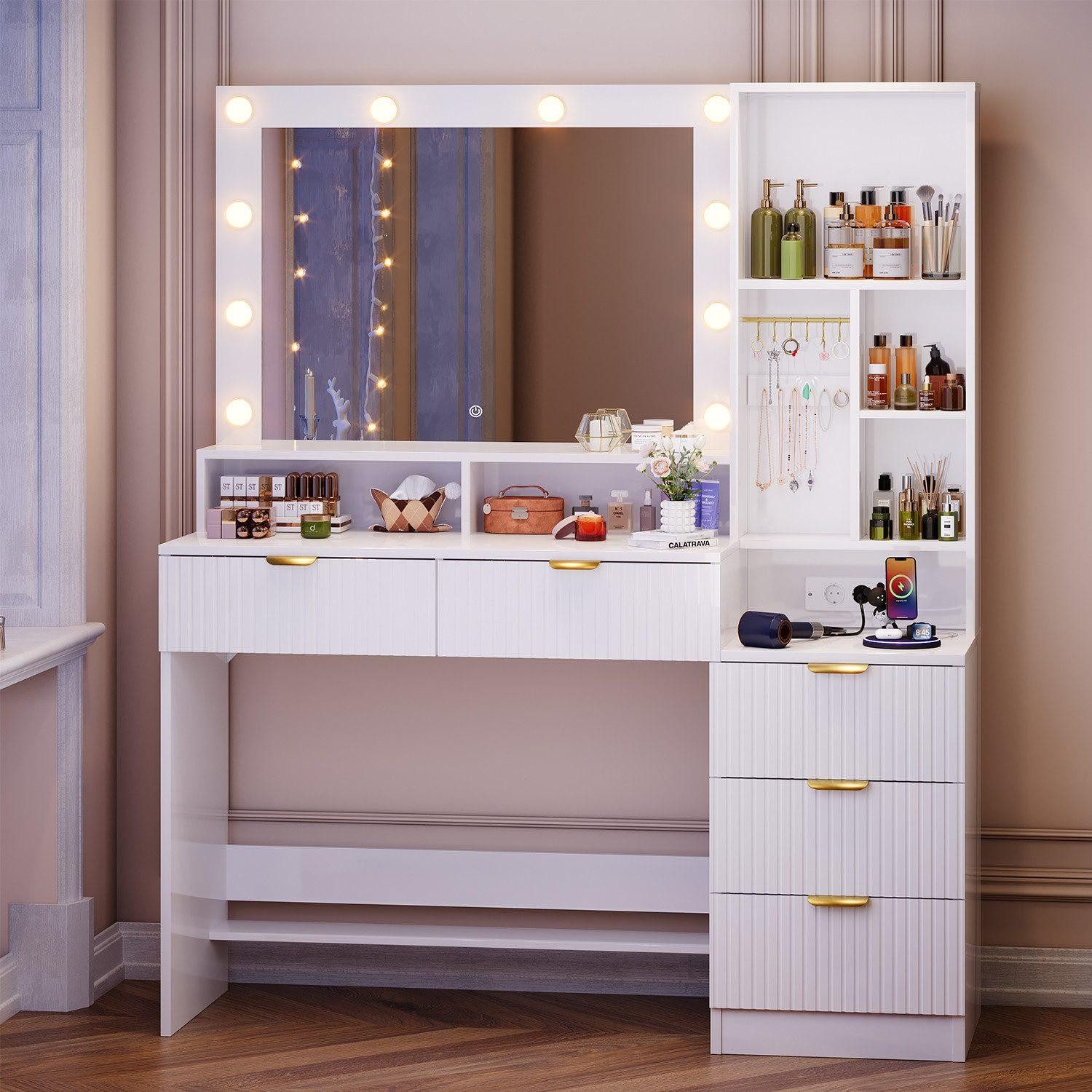 HOMALL Schminktisch Vertikale Streifen mit 5 Schubladen und 7 offenen Fächern (Ausgestattet mit 2 Euro-Steckdosen + 1 USB-Anschluss + 1 Typ-C-Anschluss ostern geschenke)