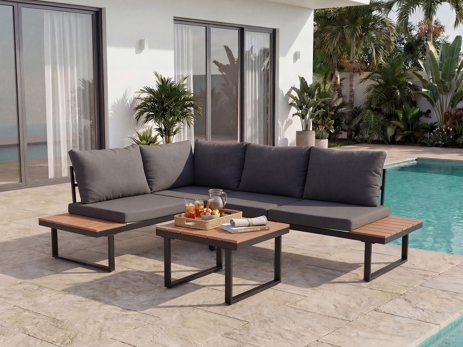 HOMAVO Gartenlounge-Set mit Couchtisch, Ecksofa in L-Form, wasser- und sonnenschutzbeständig, mit Sofaabdeckungen wasserfest, für Terrasse, Balkon und Garten