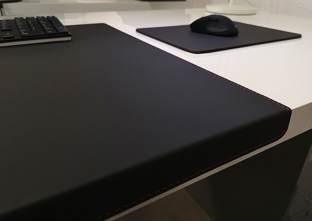 Profi Mats Schreibtischunterlage Gewinkelte Schreibtischunterlage +Mauspad Echt Leder Schwarz Naht rot