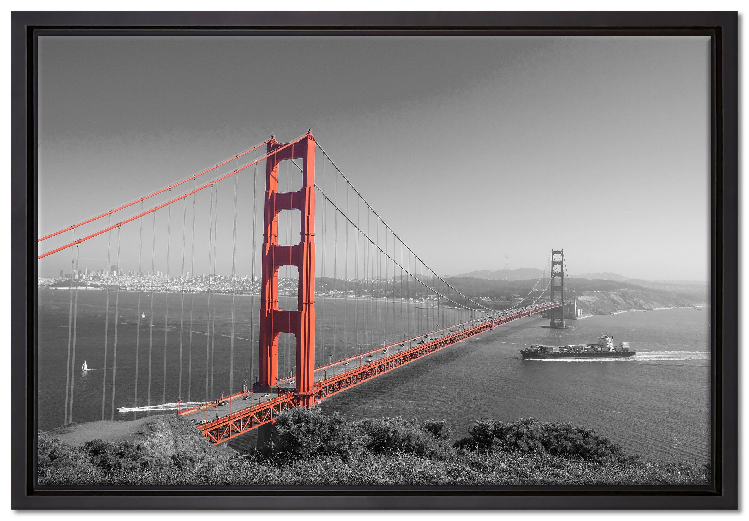 Pixxprint Leinwandbild eindrucksvolle Golden Gate Bridge, Wanddekoration (1 St), Leinwandbild fertig bespannt, in einem Schattenfugen-Bilderrahmen gefasst, inkl. Zackenaufhänger