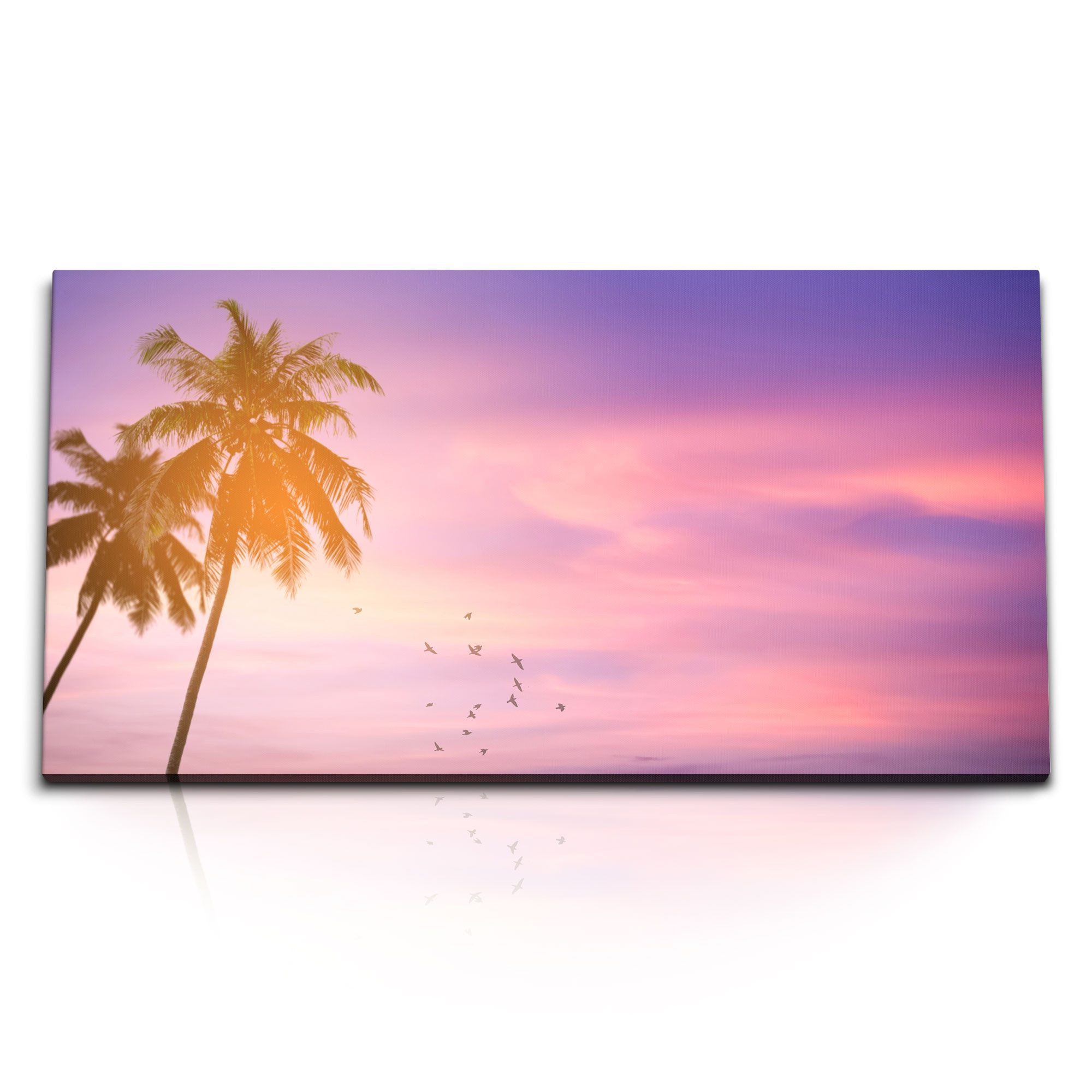Leinwandbild Kunstdruck Bilder 120x60cm Palmen Karibik rosa Himmel Sonnenuntergang
