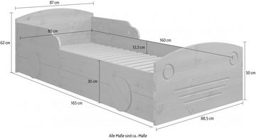 Lüttenhütt Kinderbett Levke, zertifiziertes Massivholz (Kiefer), 90x200cm + 80x160cm, Autobett, mit Rausfallschutz, inklusive Schubkasten und Lattenrost