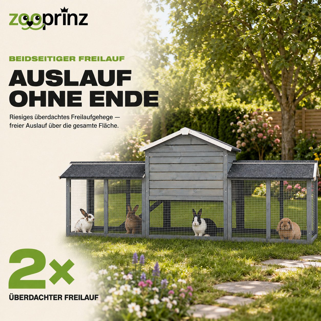 Zooprinz Kleintierstall Don Camillo mit Doppelauslauf 210x85,5x54 cm (BxHxT), Lasiertes Kiefernholz, Bitumendach