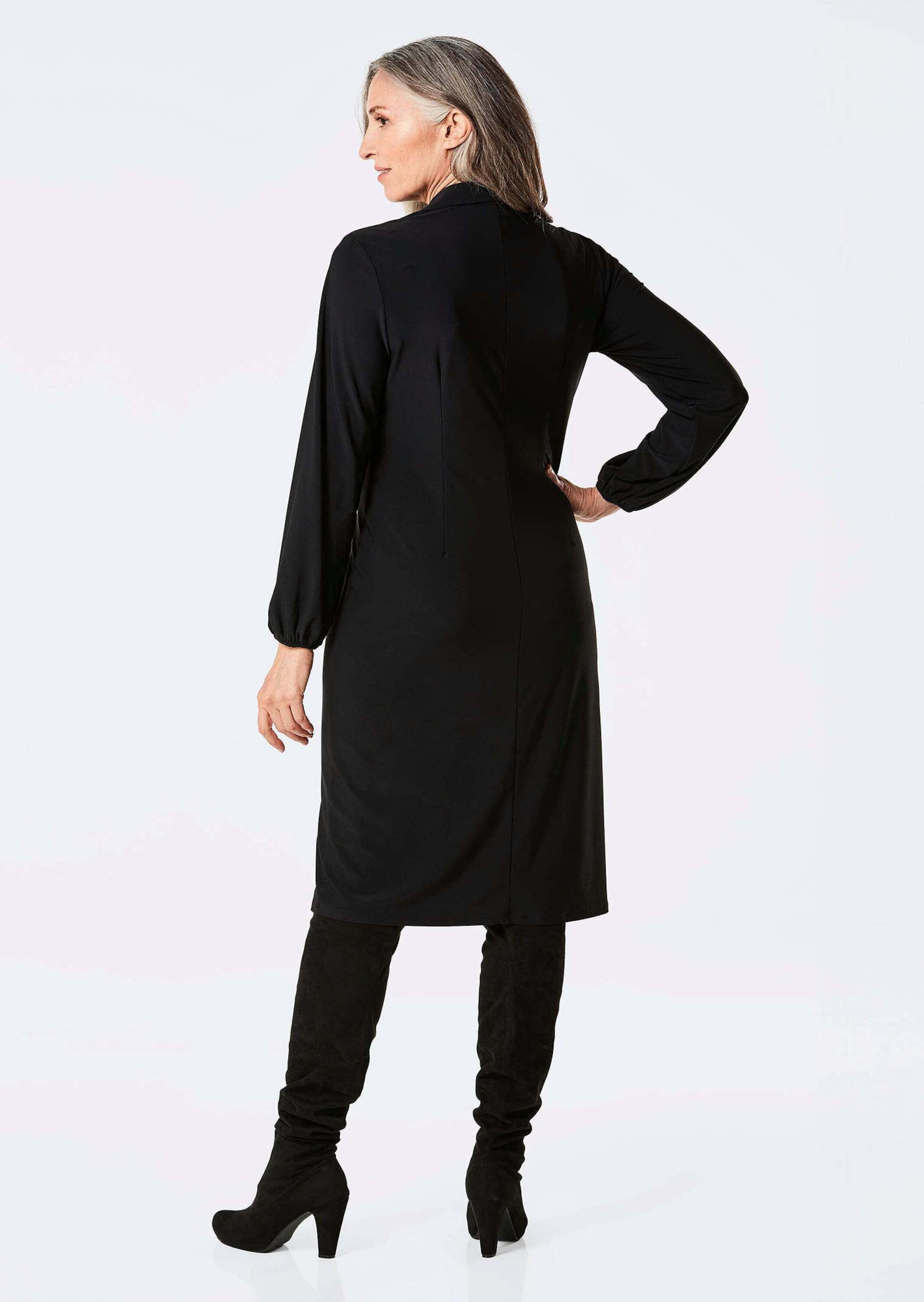 GOLDNER Jerseykleid Kurzgröße: Elegantes Jerseykleid mit V-Ausschnitt Stretchkleid mit Hemdkragen, Ballonärmel, Gummibündchen und Langarm