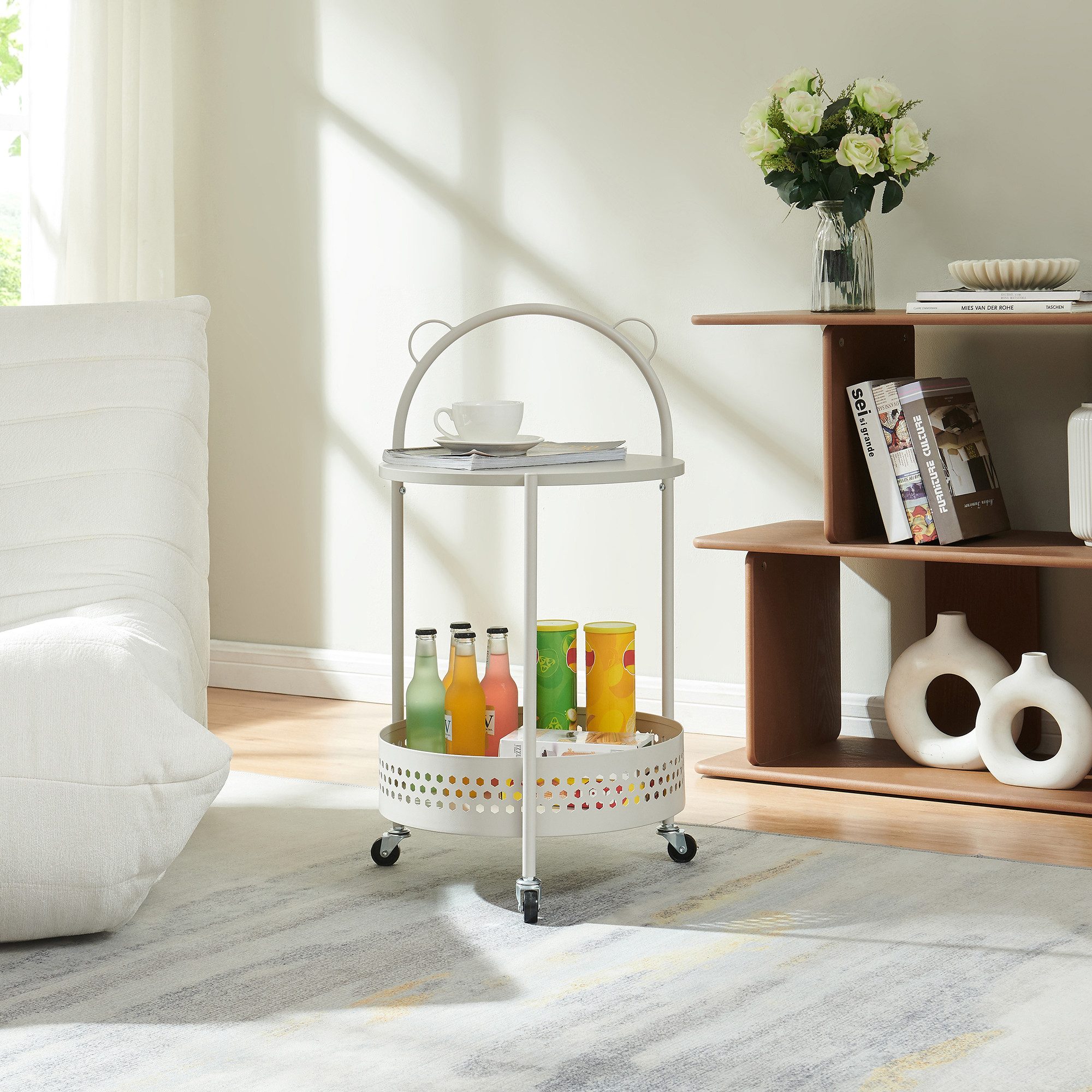 en.casa Servierwagen, »Jässaatka« mit 2 Ablagen Stahl rund 76 x Ø40 cm Grau