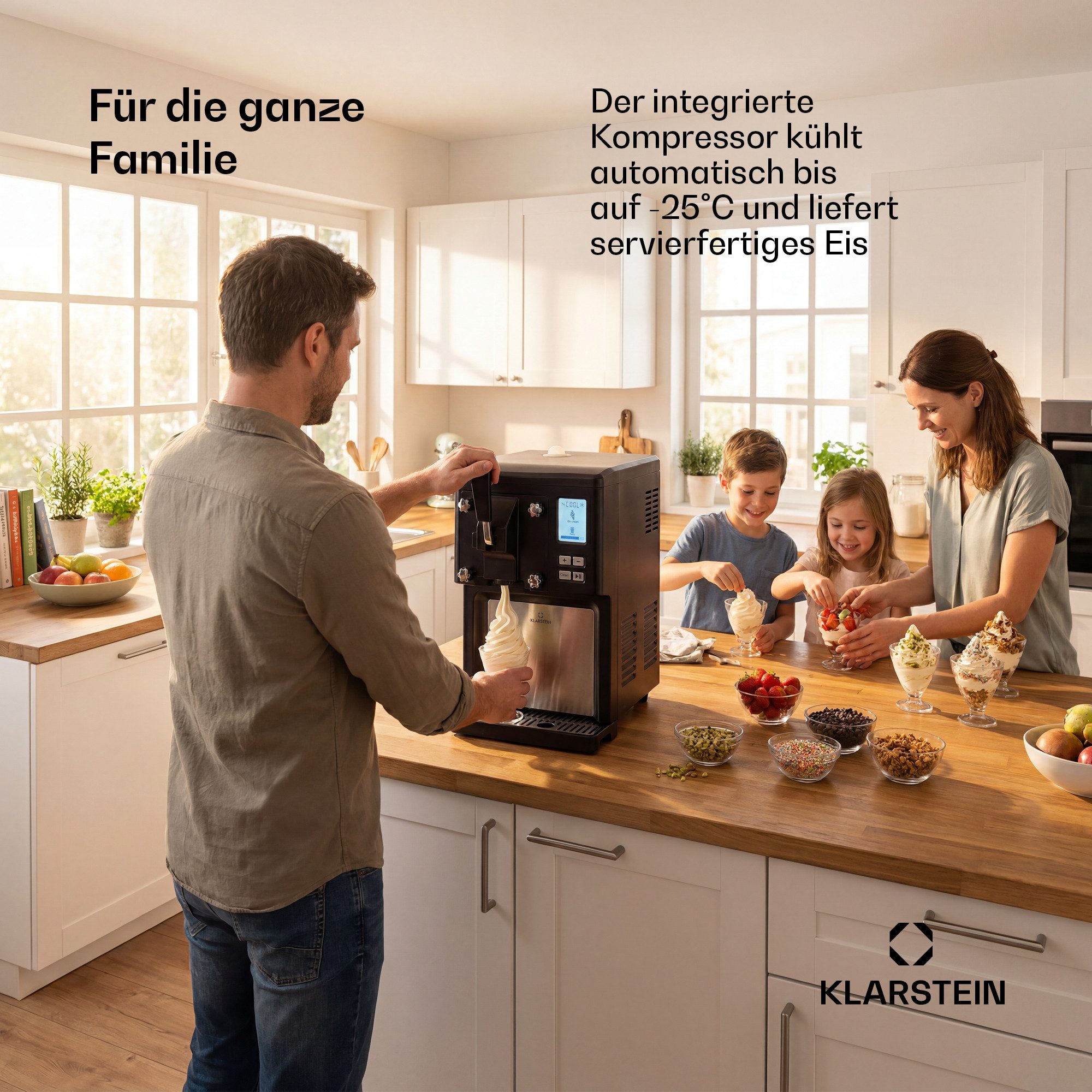 Klarstein Eismaschine Sweet Sundae Eiscrememaschine 1,5 L Kompressor Edelstahl schwarz, 1.5 l, 250 W, Eismaschine Softeisbereiter für Frucht- & Milcheis