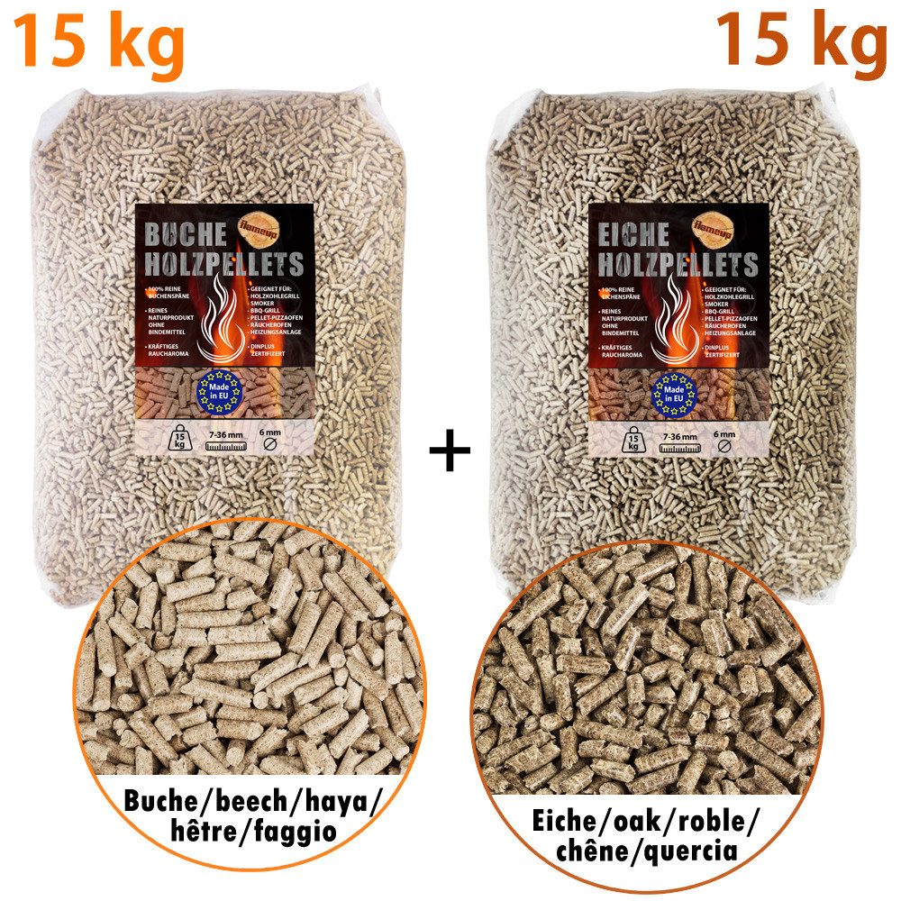 Flameup Holzpellets Eiche Buche Pellets je 15 kg Grill Smoker Pizzaofen Rauch BBQ Grillen, 30 kg