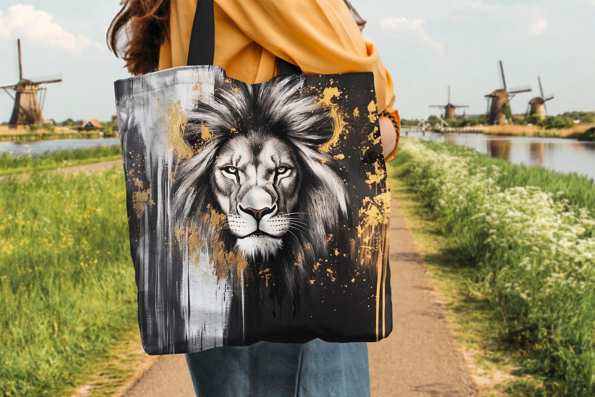 MuchoWow Shopper Löwe - Porträt - Farbkleckse - Grau, Handtasche, Damen und Herren, Schultertasche, Umhängetasche, Tote Bag