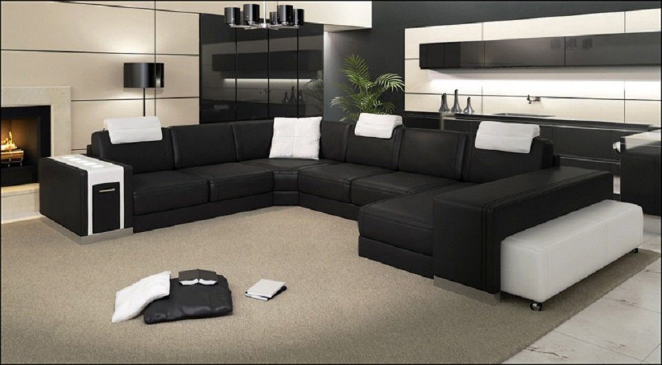Couch Sofa Ecksofa Design Polster U JVmoebel Form Ledersofa Wohnlandschaft Schwarz/Weiß Ecksofa,