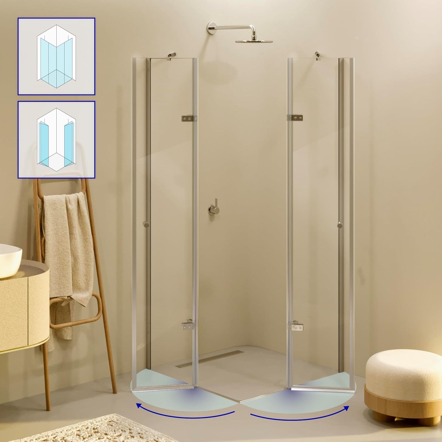 i-flair Eckdusche Duschkabine Alice aus durchsichtigem ESG, Höhe 180 cm, 70x70 cm, BxT: 70x70 cm, Einscheibensicherheitsglas, ohne Duschtasse, mit hochwertigen Aluminiumprofilen in silber, ebenerdiger Einbau möglich, mit Drehtüren