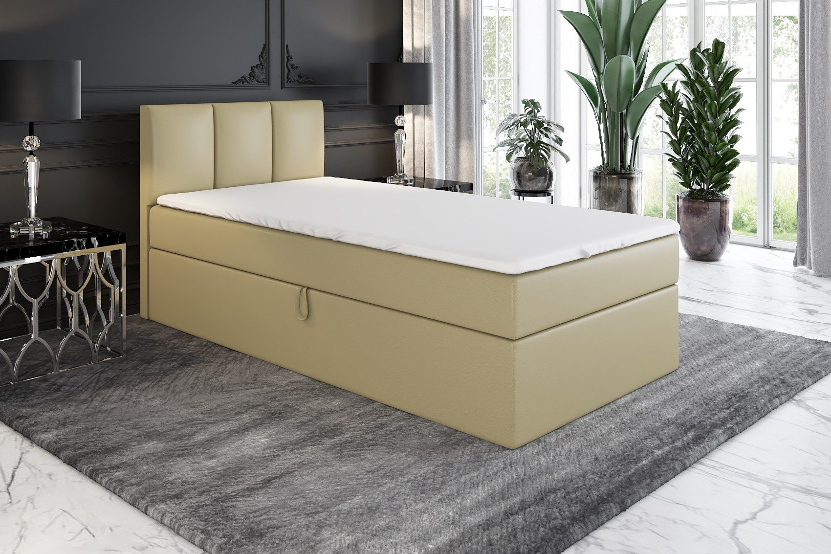 A&J MöbelLand GmbH Boxspringbett Einzelbett NASI mit Bettkasten, Topper und gepolstertem Kopfteil. (Boxspringbett mit Bettkasten und gepolstertem Kopfteil. Inclusive Topper !, TOP ANGEBOT), Länge 208 cm Höhe 106 cm
