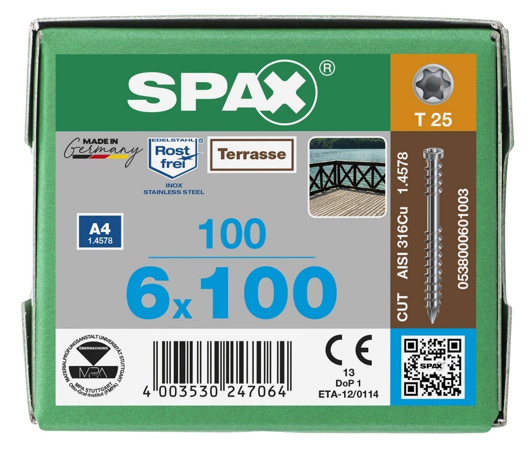 SPAX A4, 6x100 Spanplattenschraube Terrassenschraube, (Edelstahl mm 100 St),