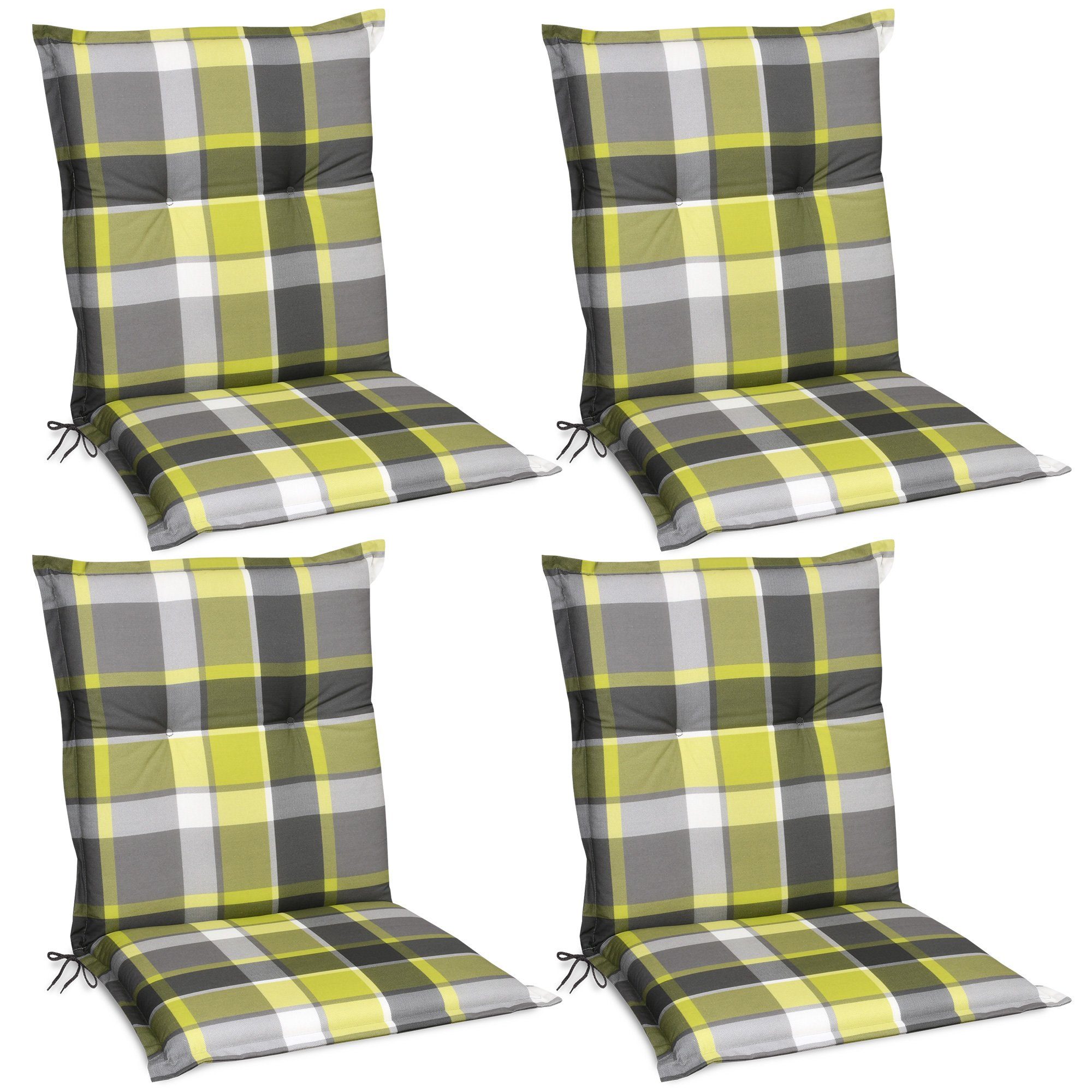 Beautissu Sitzauflage 4er Set Sunny GR Niedriglehner Auflagen 100x50 cm in Grün Kariert, Bequeme Gartenstuhl Stuhlkissen Polsterauflagen mit UV-Lichtecht