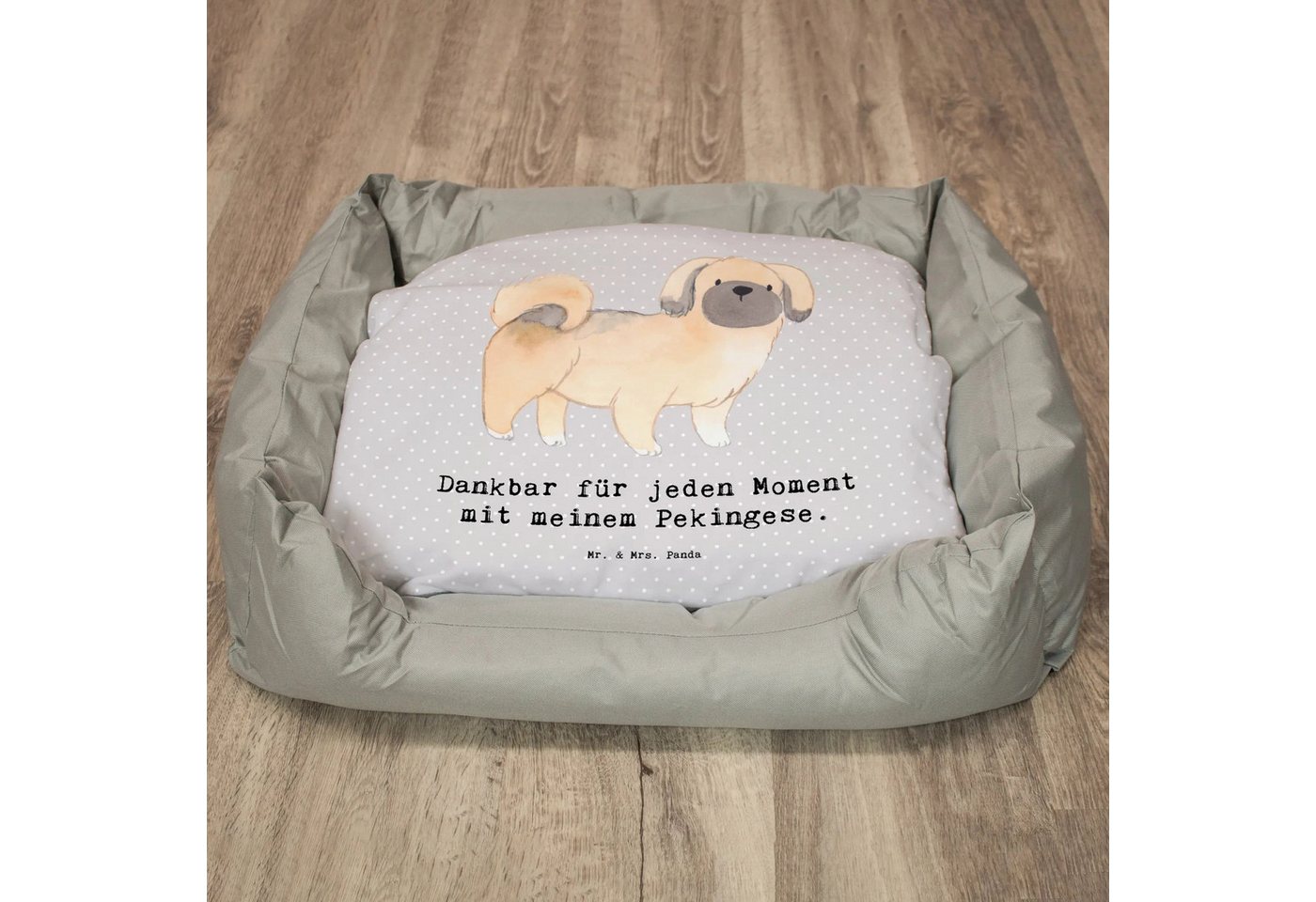 Thumbnail - Mr. & Mrs. Panda Tierbett Pekingese Moment - Grau Pastell - Geschenk, Hundebett, Rassehund, Tie, Modernes Design