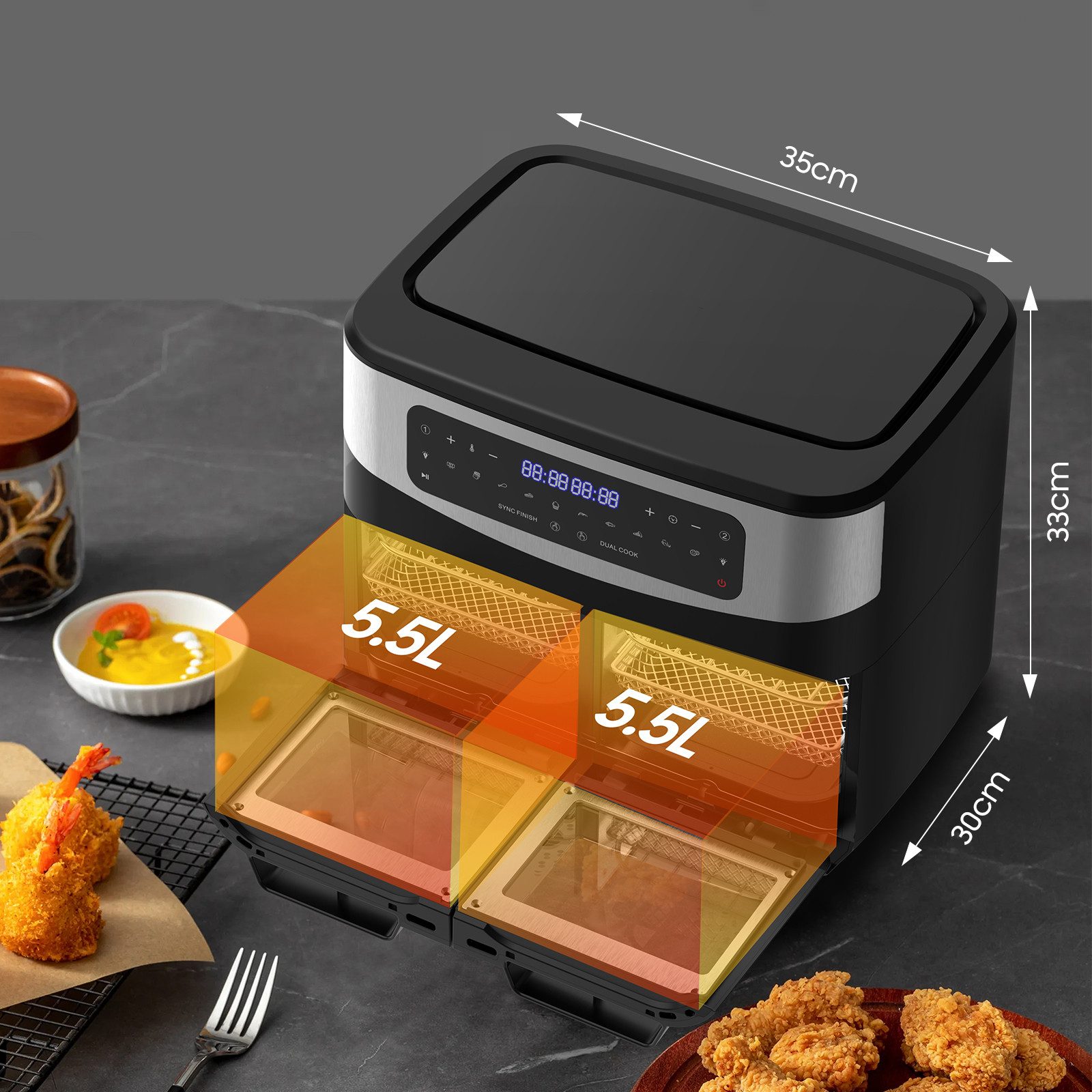 AIMAX Heißluftfritteuse 12L Dual Zone, Airfryer mit Sichtfenster, LED-Touch, 10 Programmen, gesund & fettarm, 2200 W, Doppelkammer mit herausnehmbarer Trennwand, Indoor-BBQ