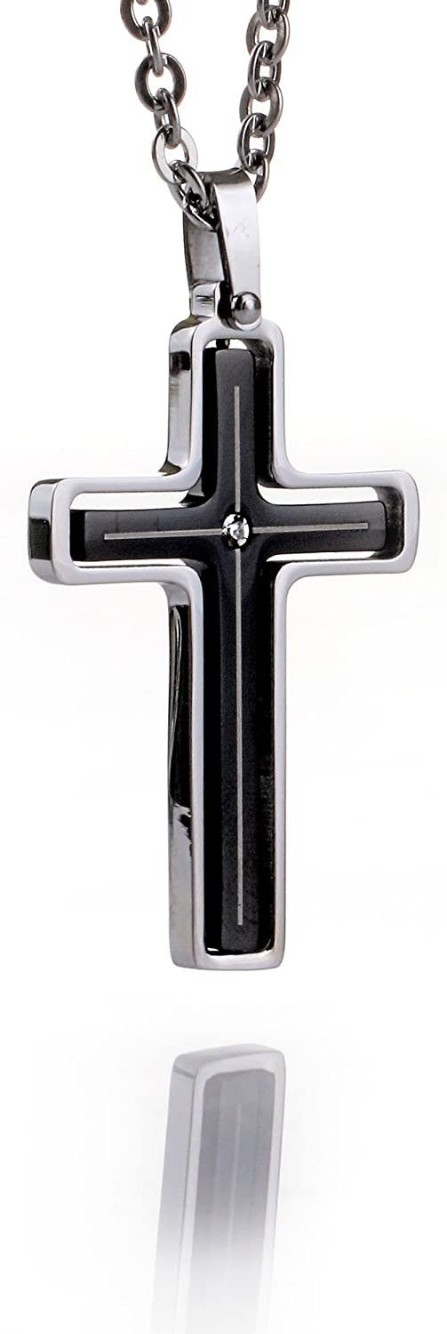 Kette mit Anhänger Edelstahl Anhänger Kreuz Männerschmuck Black PVD Stein CZ mit Kette